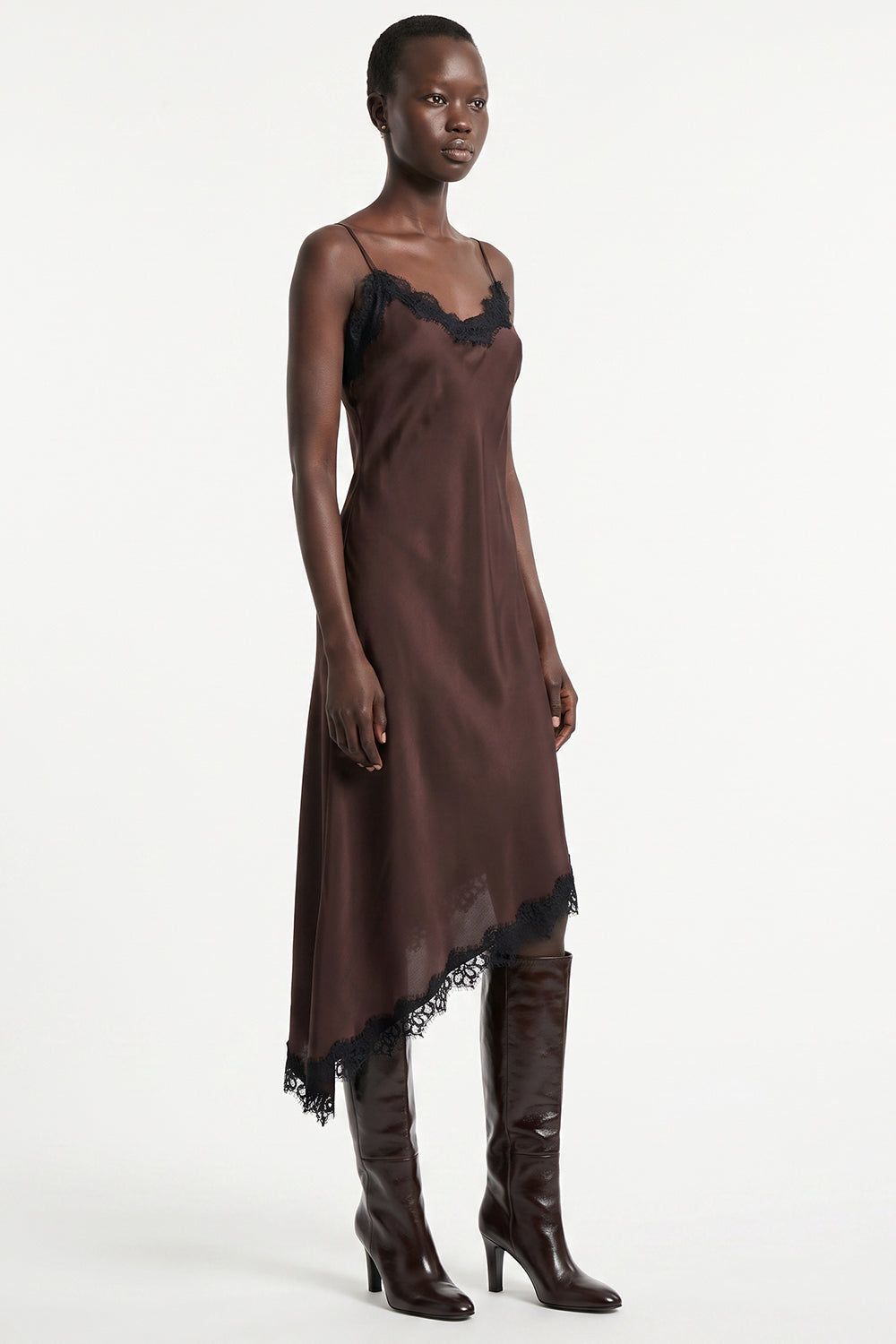 Satin Fitted Dress with Adjustable Straps - BROWN