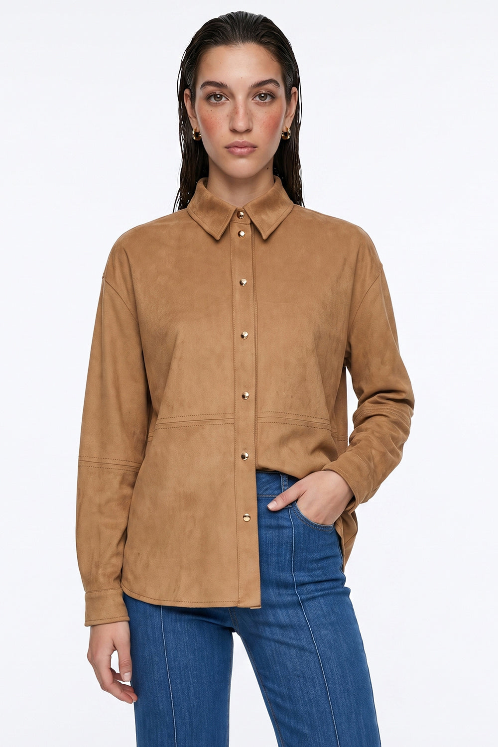 Long Sleeve Snap Button Shirt - CAMEL