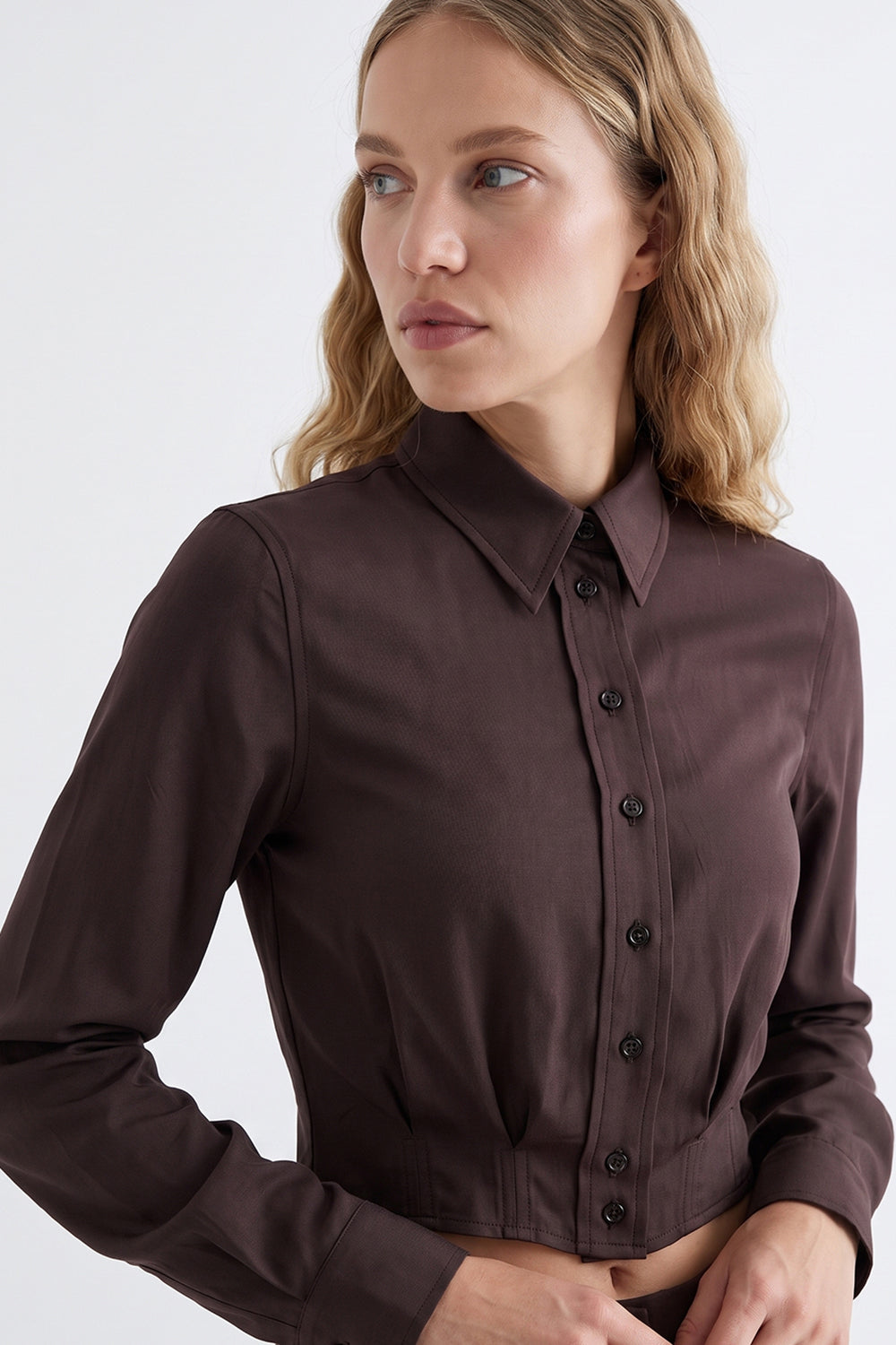 Satin Long Sleeve Shirt with Pleated Waist - BROWN