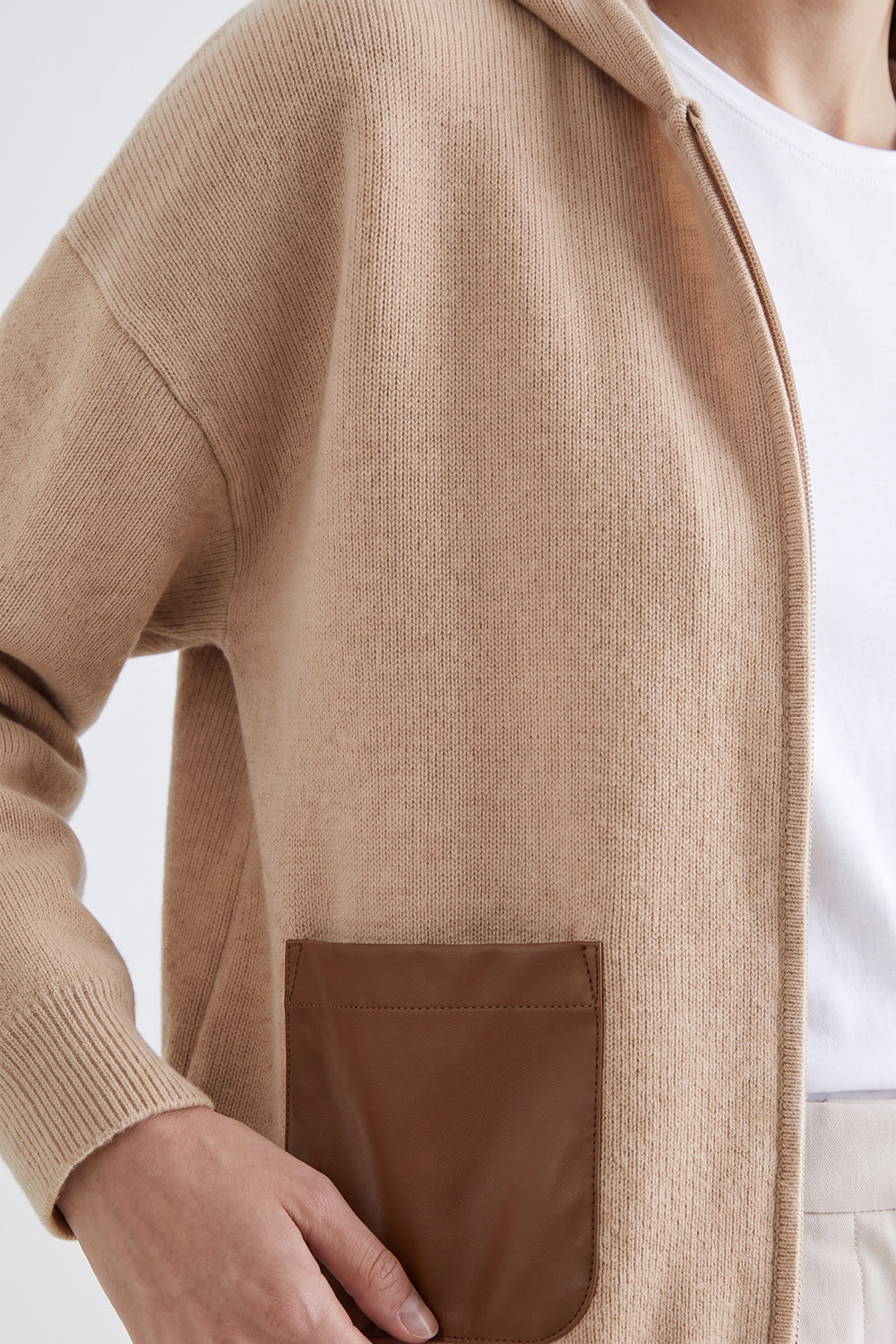 Leather Trim Hooded Knit Cardigan - CAMEL