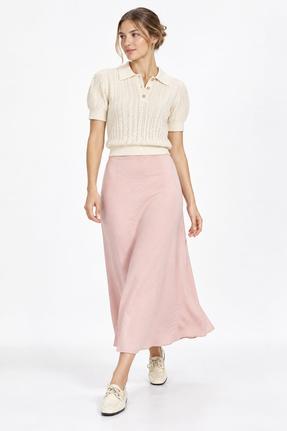 Satin Midi Skirt with Elastic Back - PINK