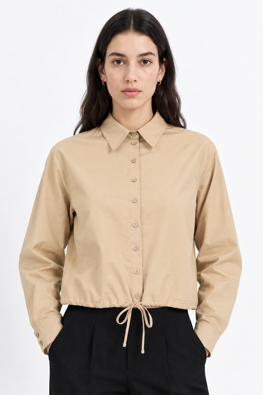 Long Sleeve Shirt with Elastic Waist - BEIGE