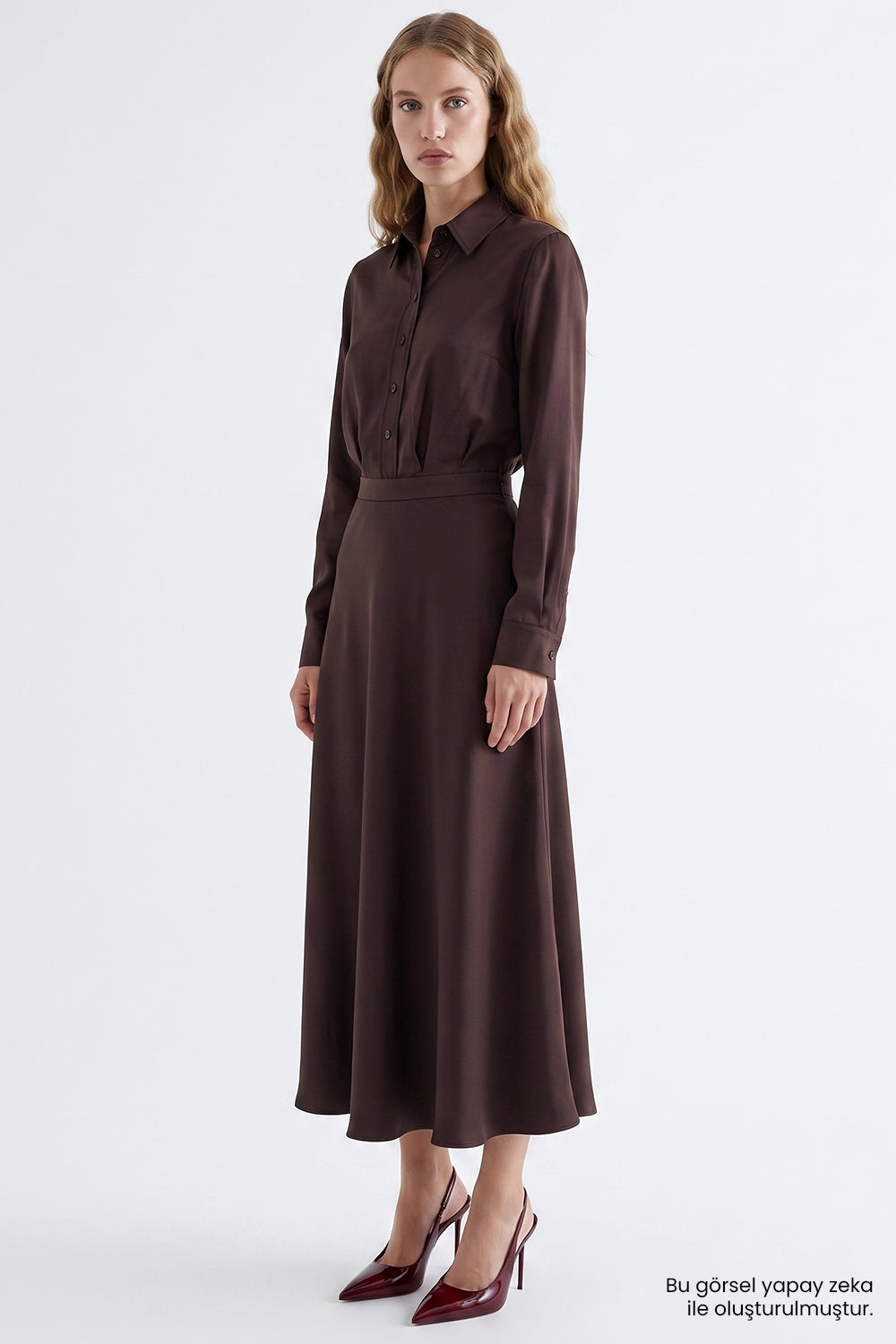High Waisted Lined Satin Skirt - BROWN