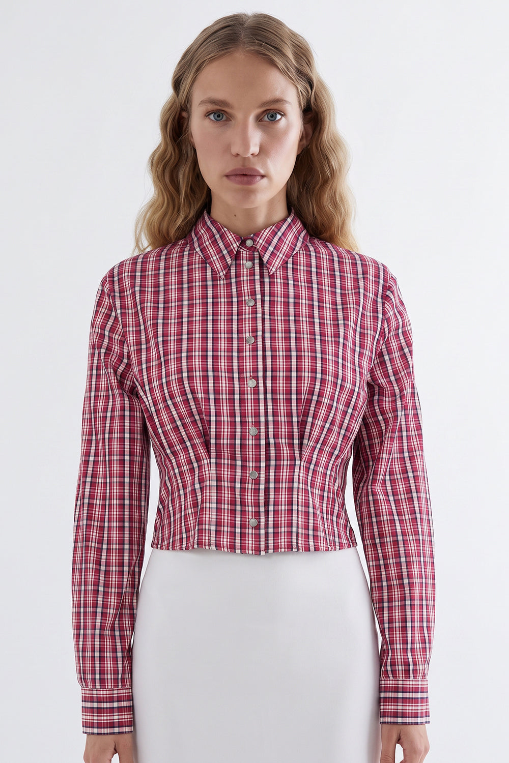 Collared Long Sleeve Shirt with Pleated Waist - MULTICOLOR