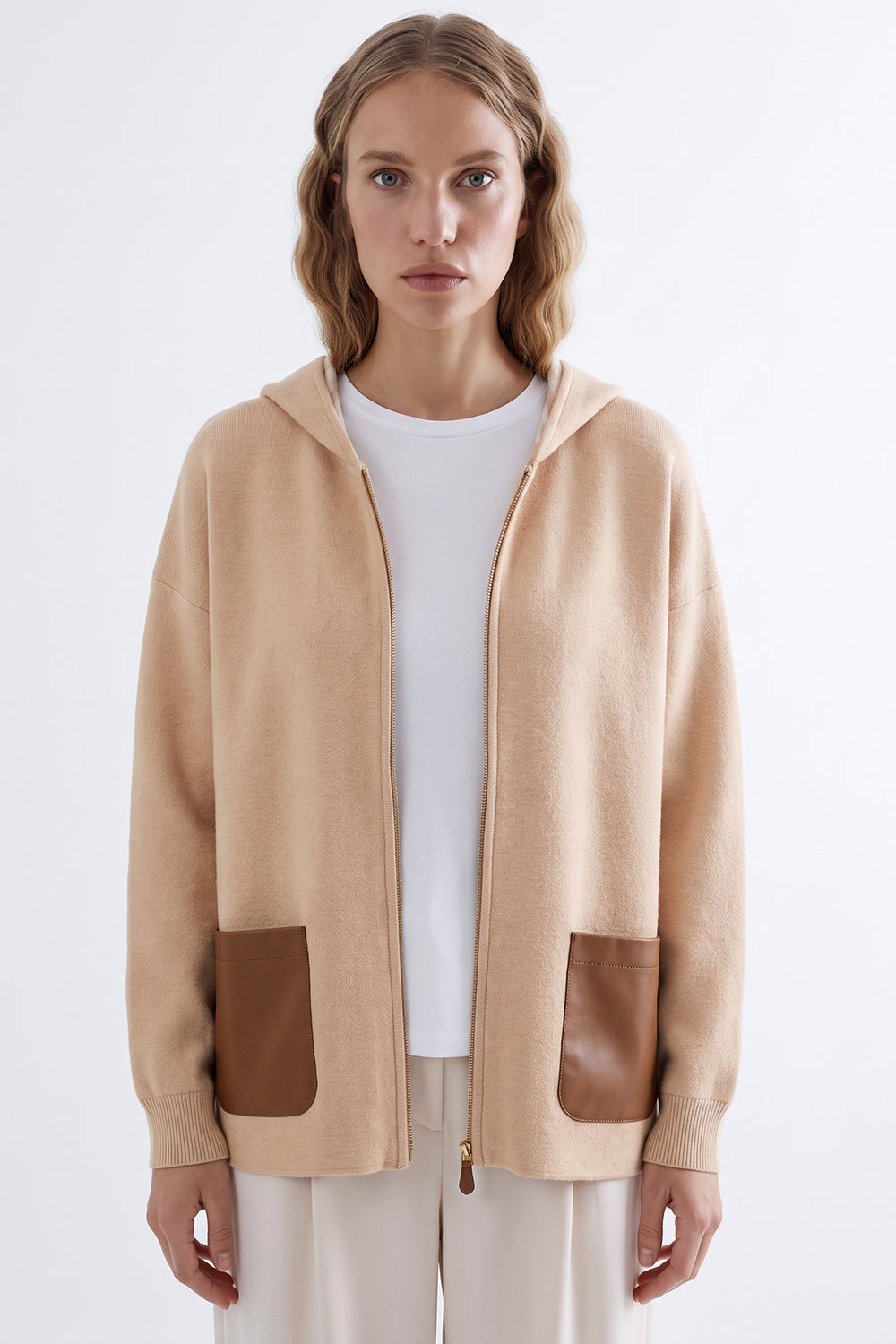 Leather Trim Hooded Knit Cardigan - CAMEL
