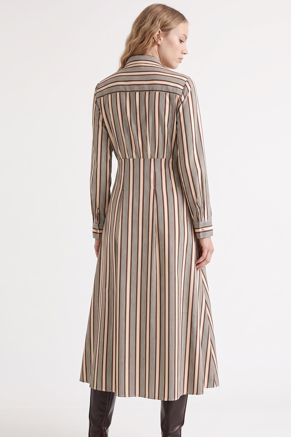 Long Sleeve Pocketed Midi Shirt Dress - MULTICOLOR