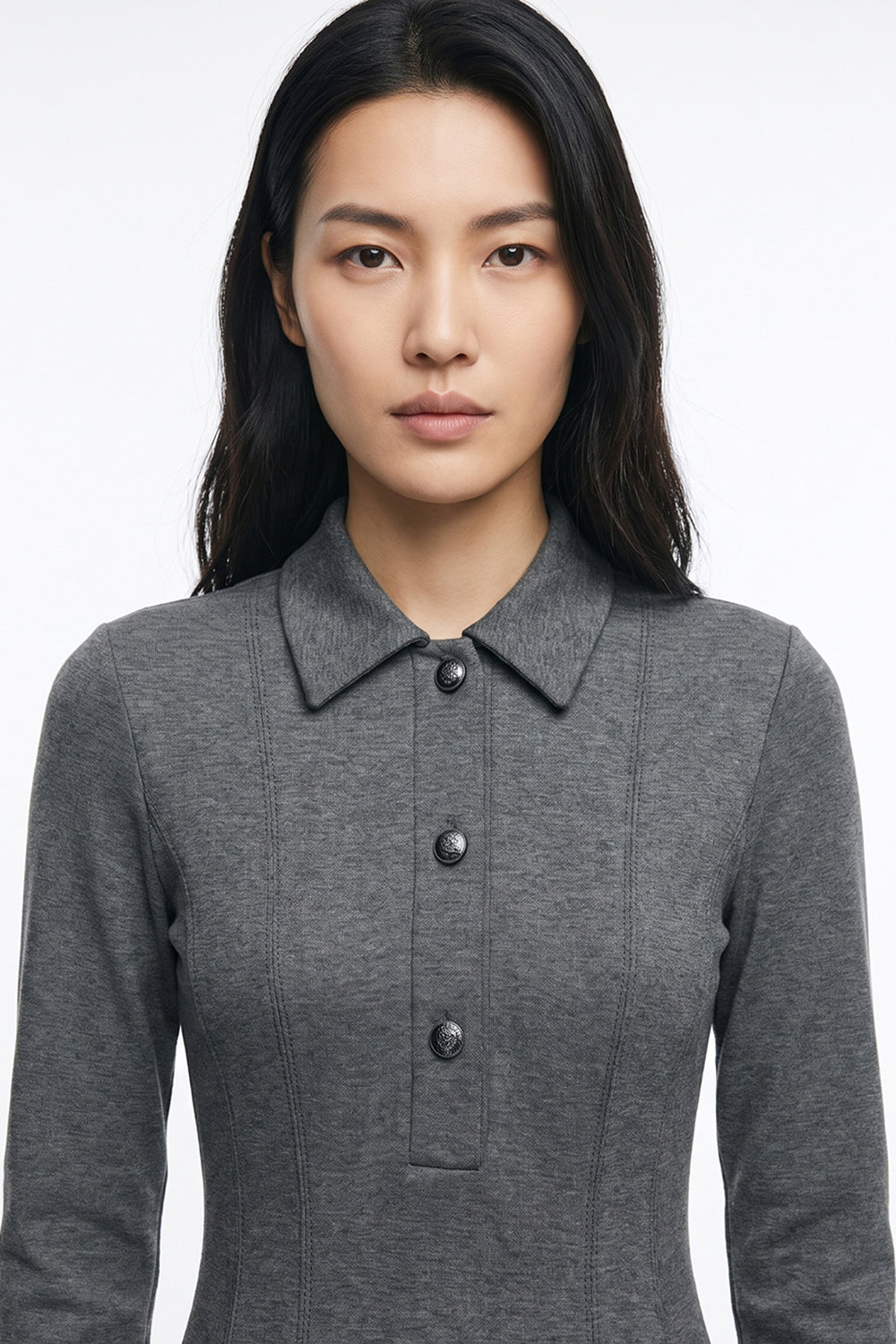 Long Sleeve Knit Dress with Zipper and Pockets - GREY MELANGE