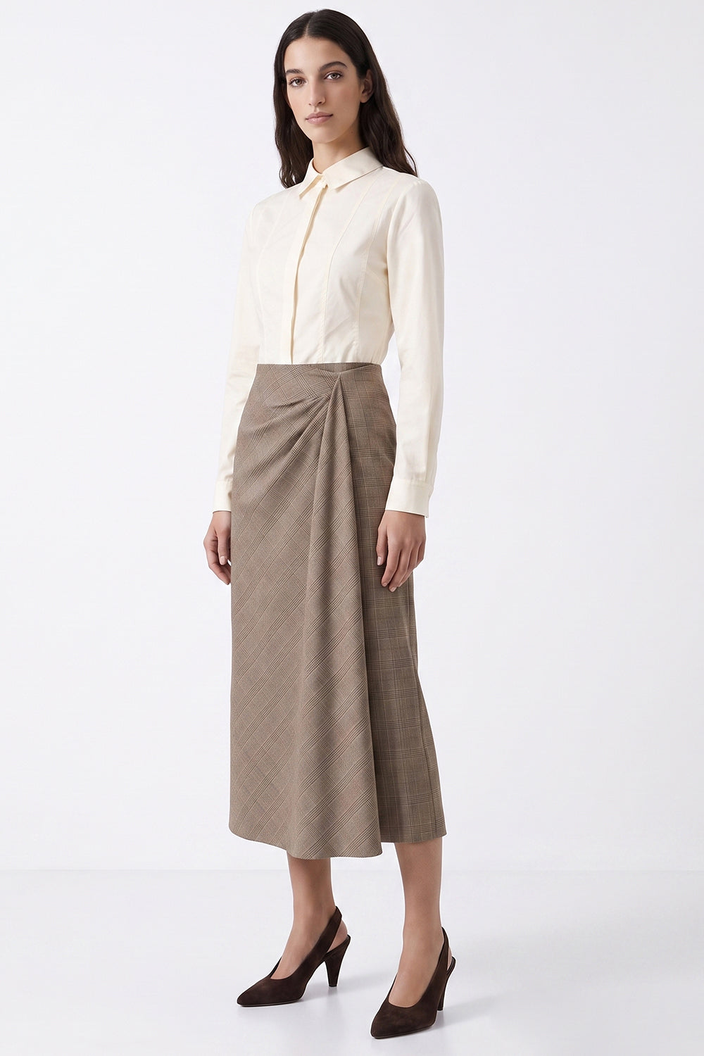 Midi Skirt with Side Slit and Ruched Waist - MULTICOLOR