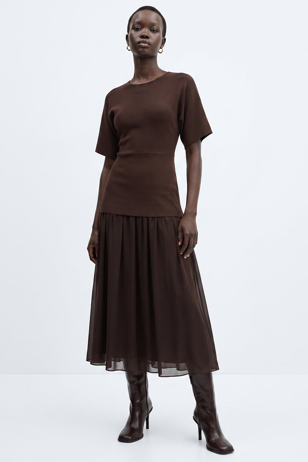 Short Sleeve Midi Dress with Chiffon Lined Skirt - BROWN