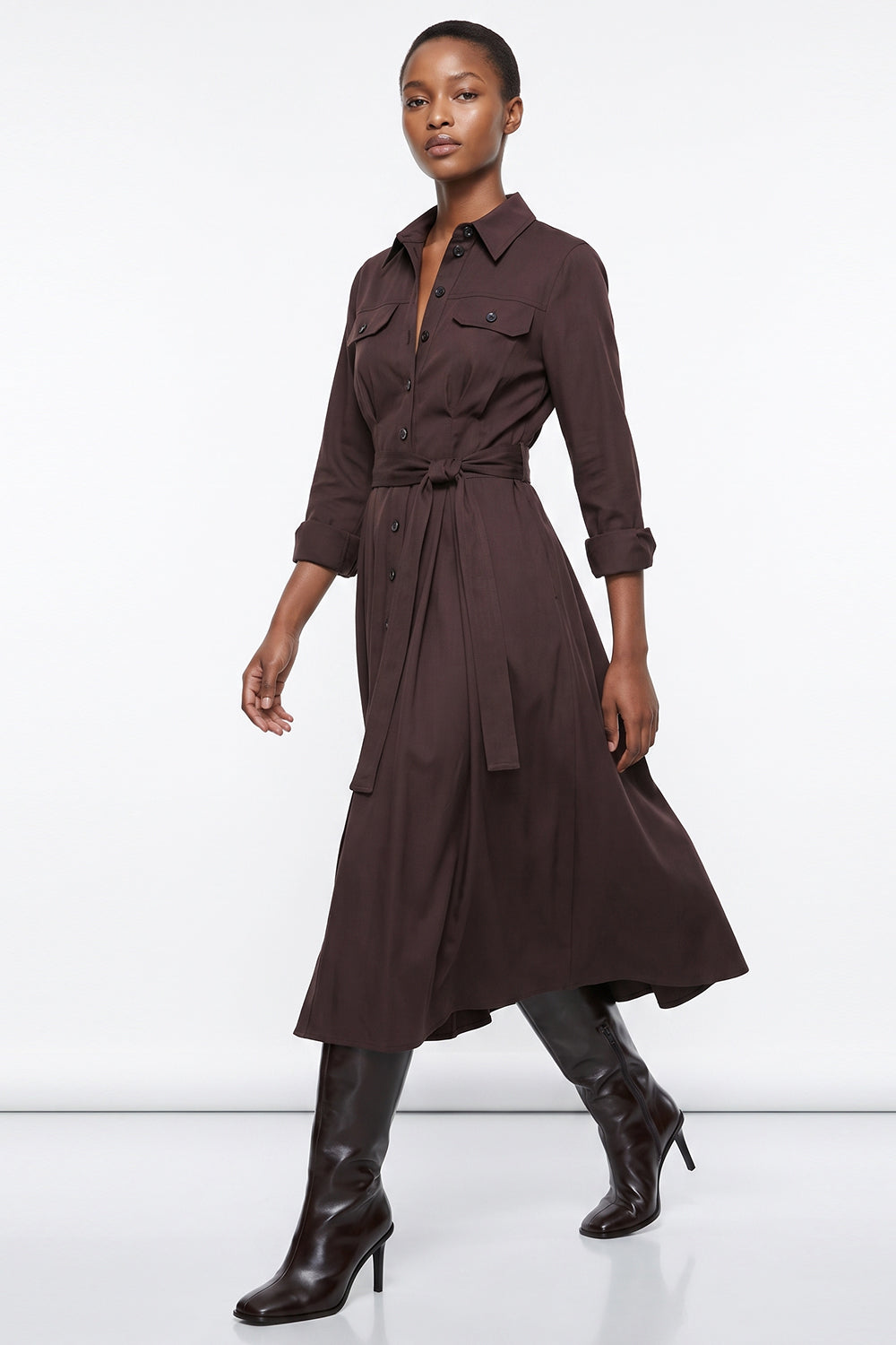 Satin Midi Dress with Belt - BROWN