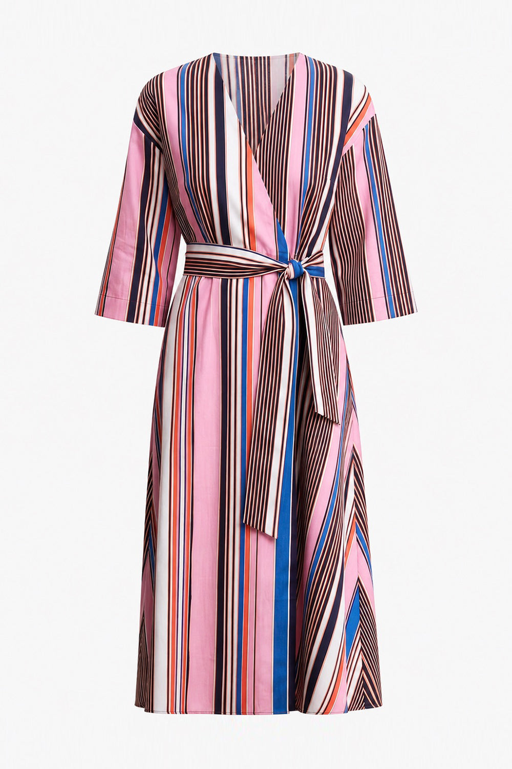 Double Breasted Tie Waist Striped Dress - MULTI COLOR