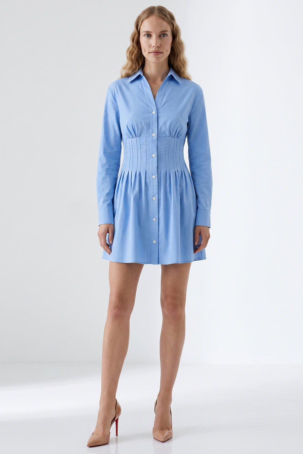 Fitted Mini Dress with Metal Buttons - BLUE