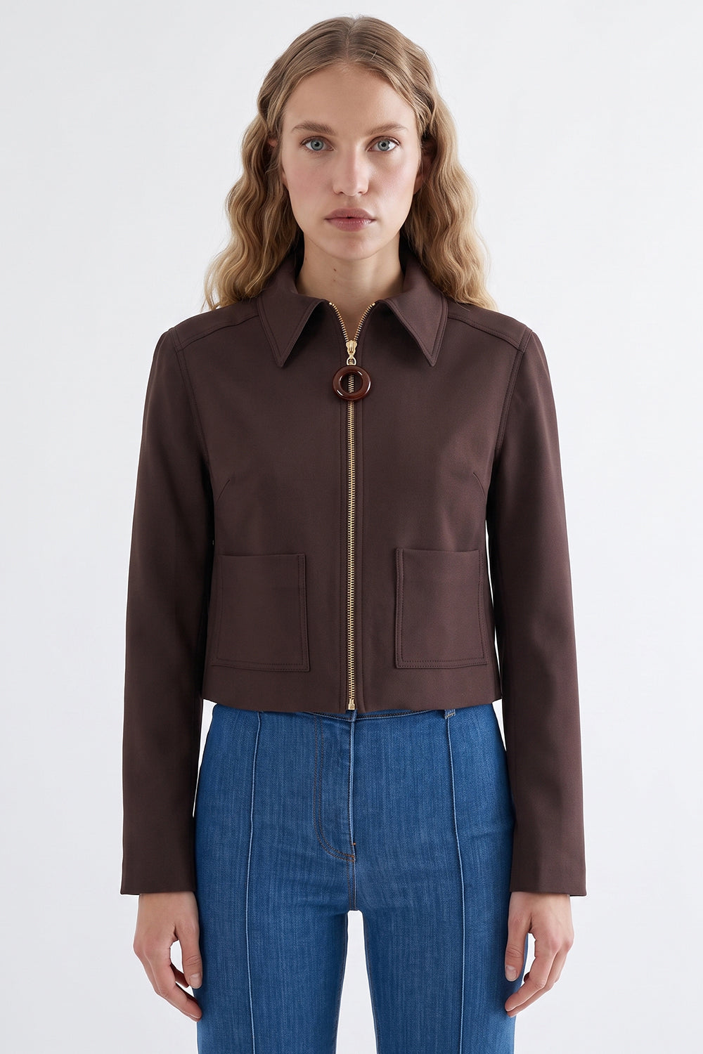 Cropped Jacket with Zipper Detail and Pockets - BROWN