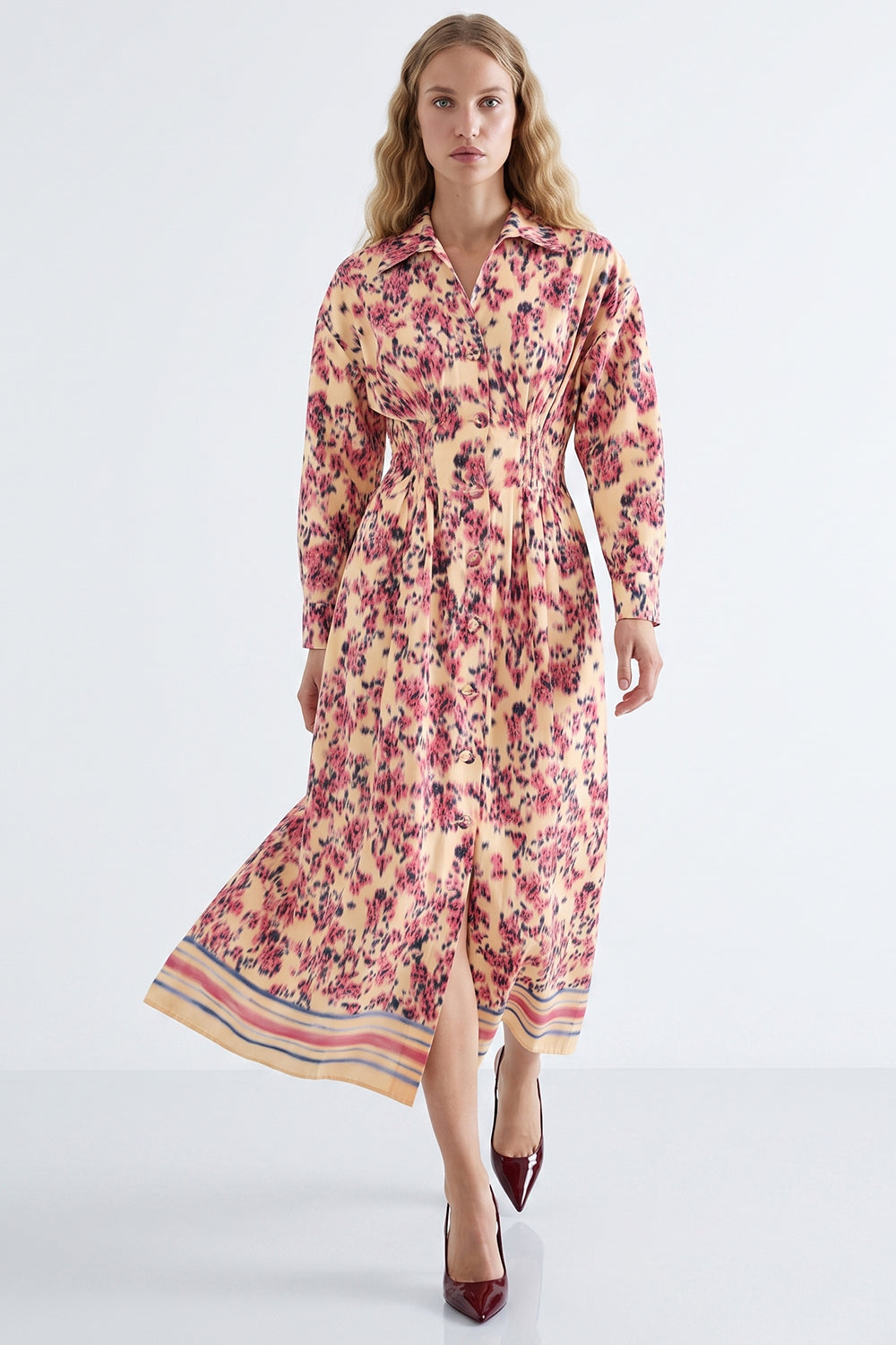 Pleated Waist Shirt Dress with Elastic Back - MULTICOLOR