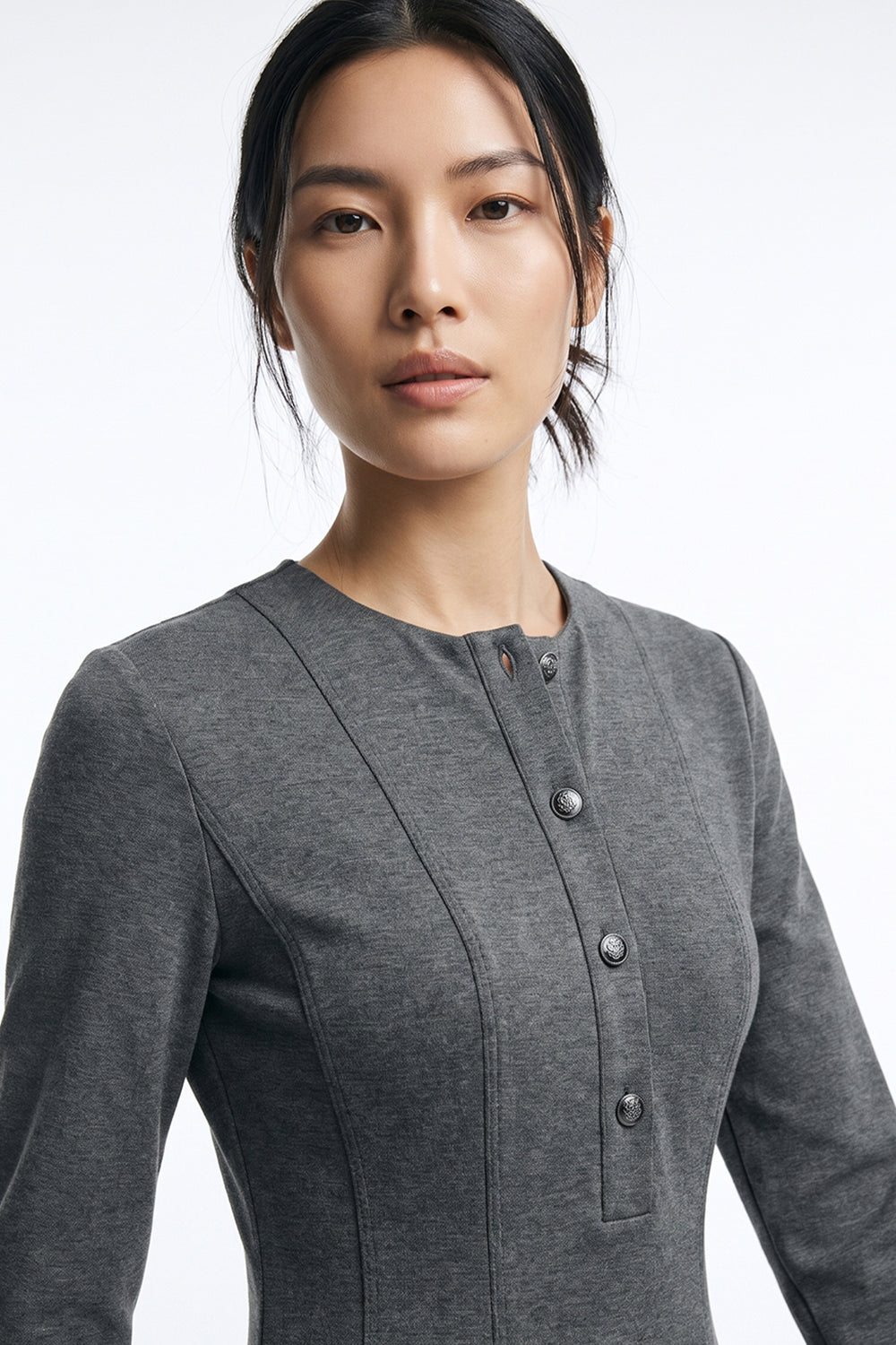 Long Sleeve Knit Dress with Zipper and Pockets - GREY MELANGE