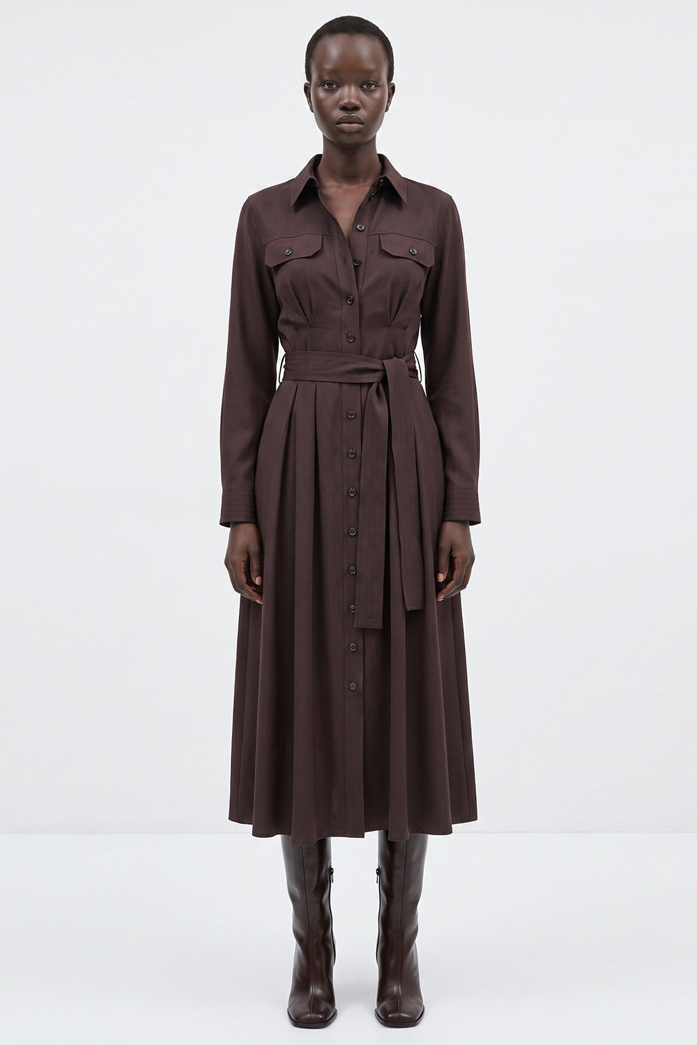 Satin Midi Dress with Belt - BROWN