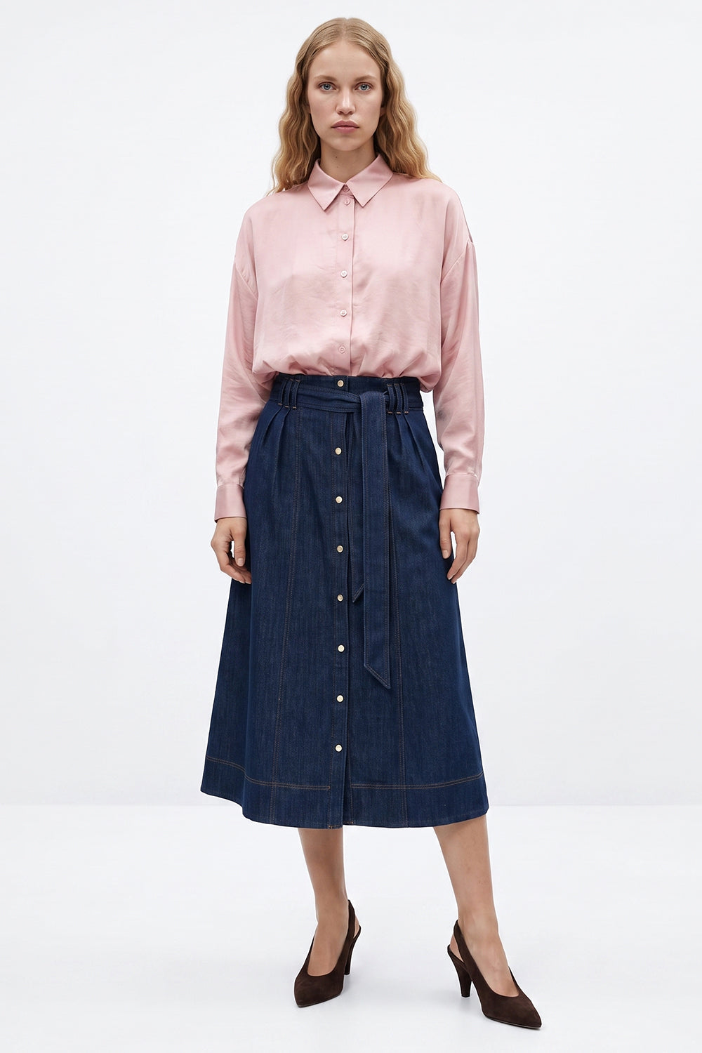 High-Waisted Belted Denim Midi Skirt - BLUE