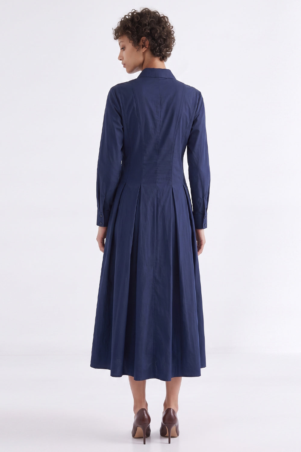 Zigzag Stitch Fitted Pleated Midi Dress - NAVY
