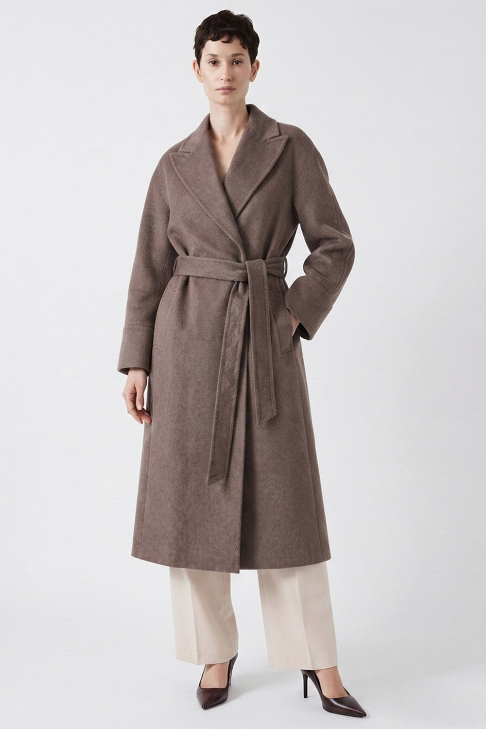 Raglan Sleeve Lined Coat with Belted Waist - BROWN