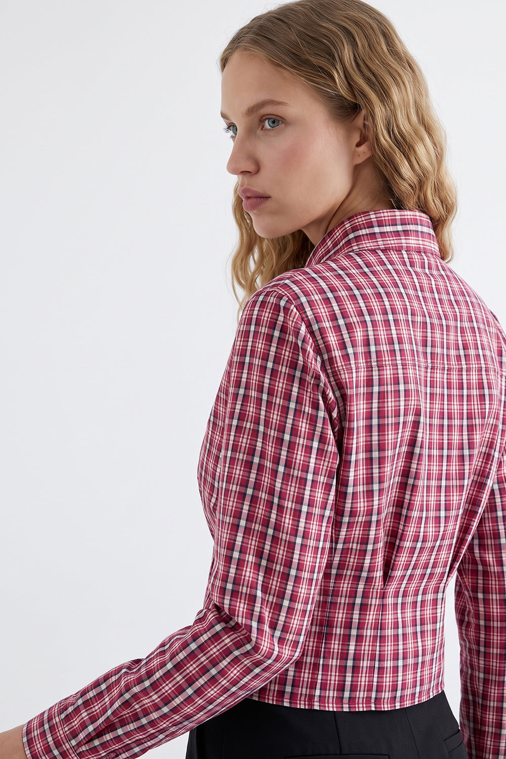 Collared Long Sleeve Shirt with Pleated Waist - MULTICOLOR