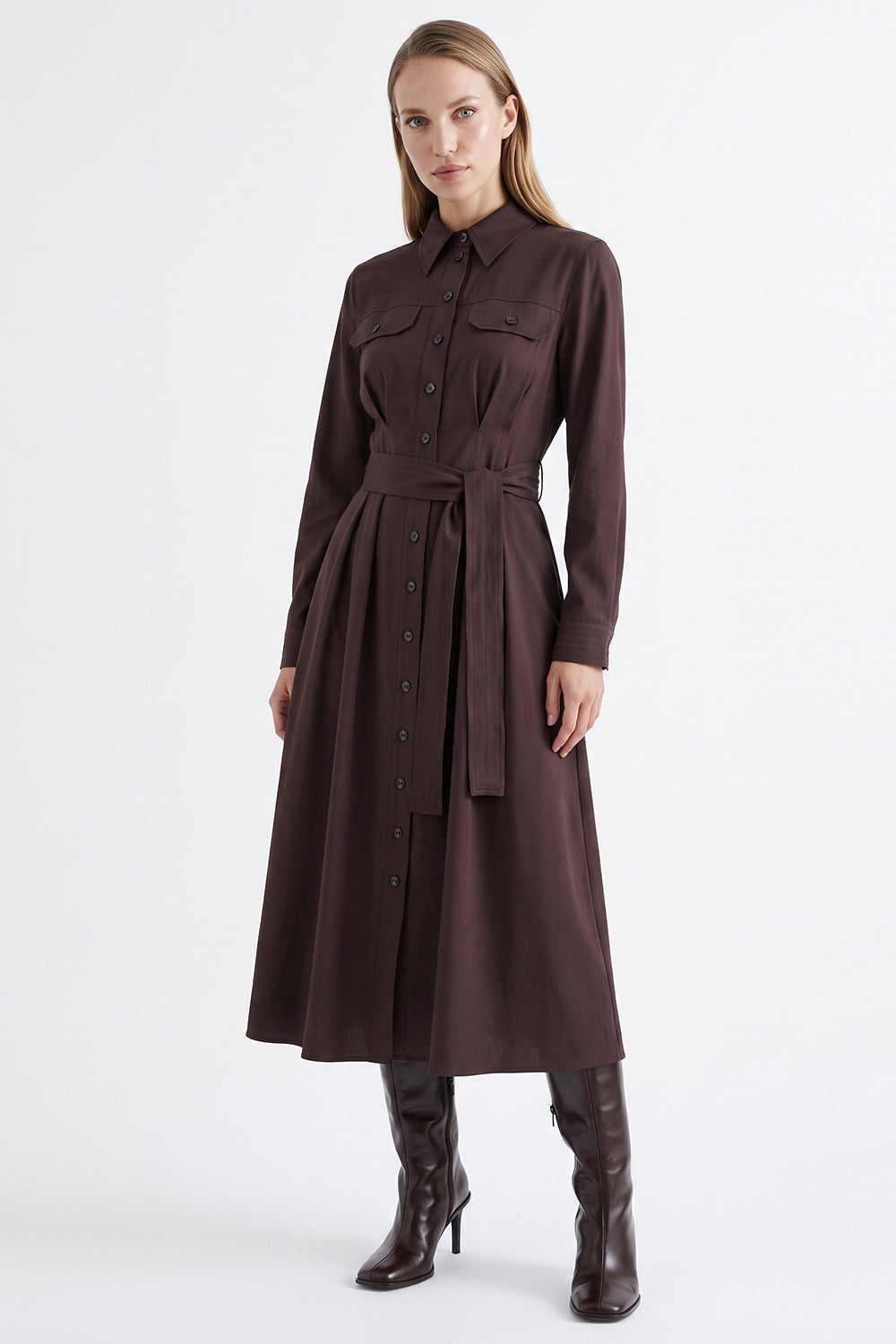 Satin Midi Dress with Belt - BROWN