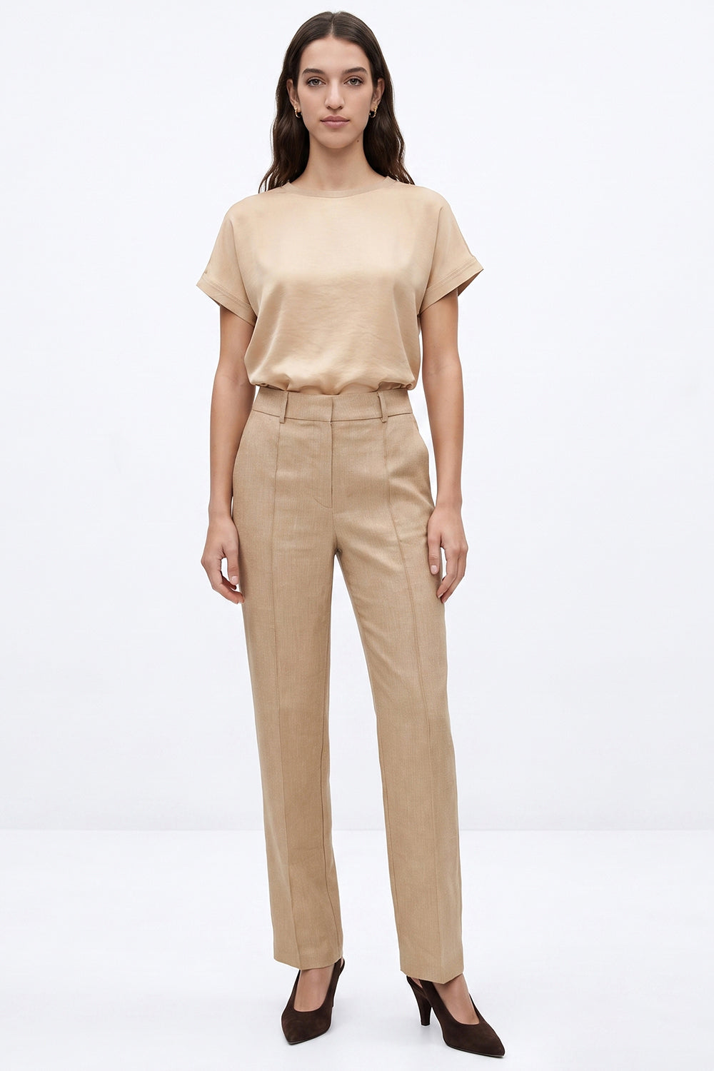 High Waisted Linen Blend Trousers - CAMEL