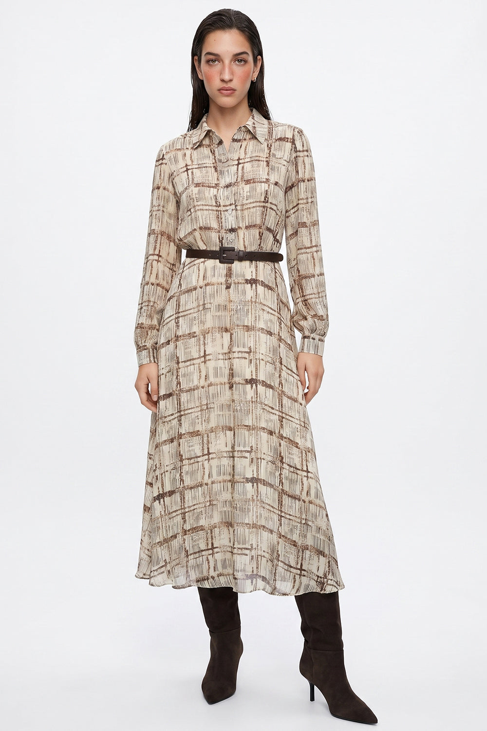 Lined Long Sleeve Midi Dress with Belt - MULTICOLOR