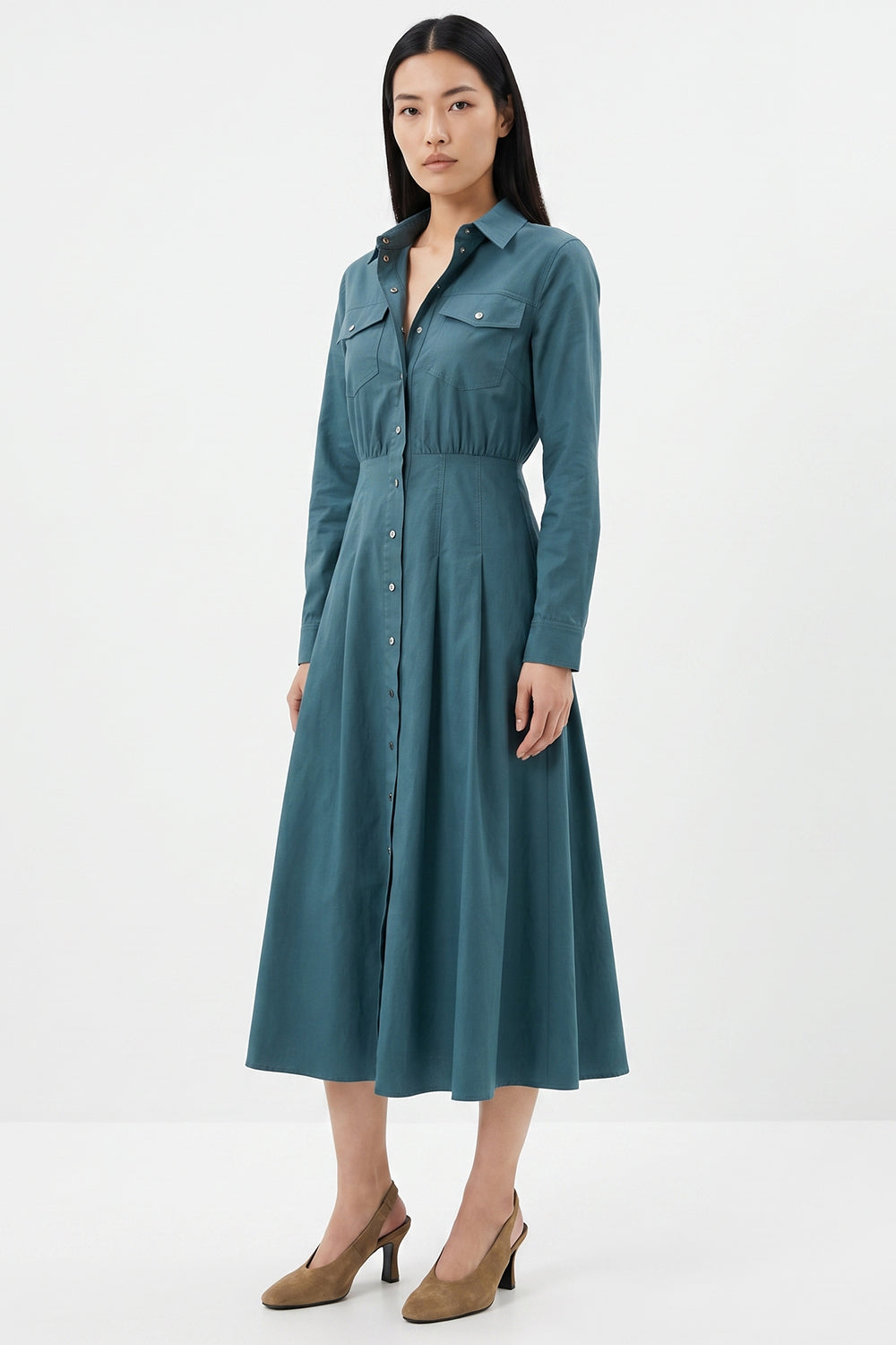 Pleated Long Sleeve Midi Shirt Dress - DARK GREEN