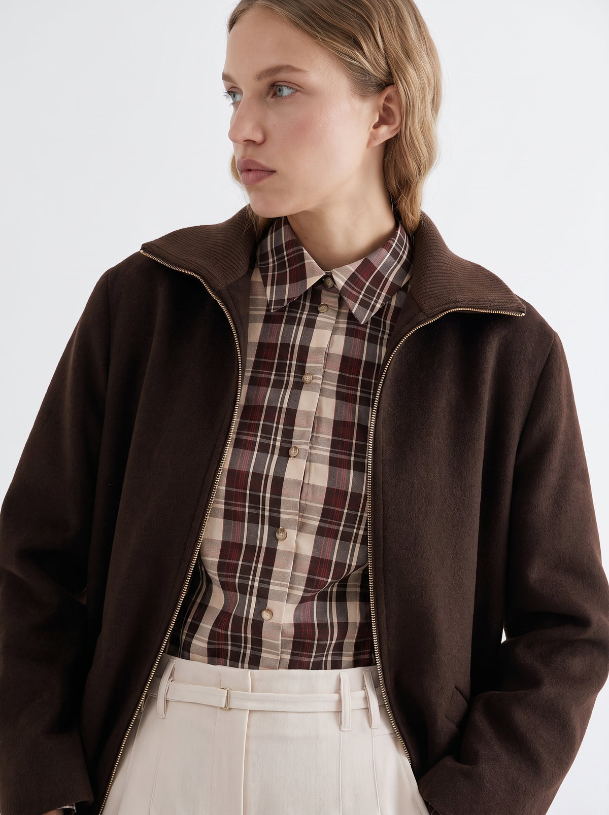 Ribbed Wool Blend Lined Coat - BROWN