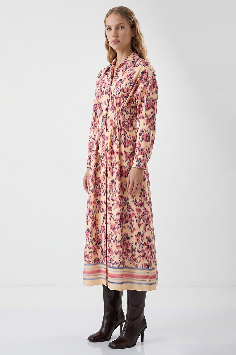 Pleated Waist Shirt Dress with Elastic Back - MULTICOLOR