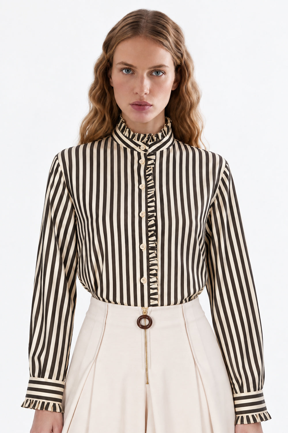 Ruffle Stand Collar Long Sleeve Shirt - BROWN BEIGE