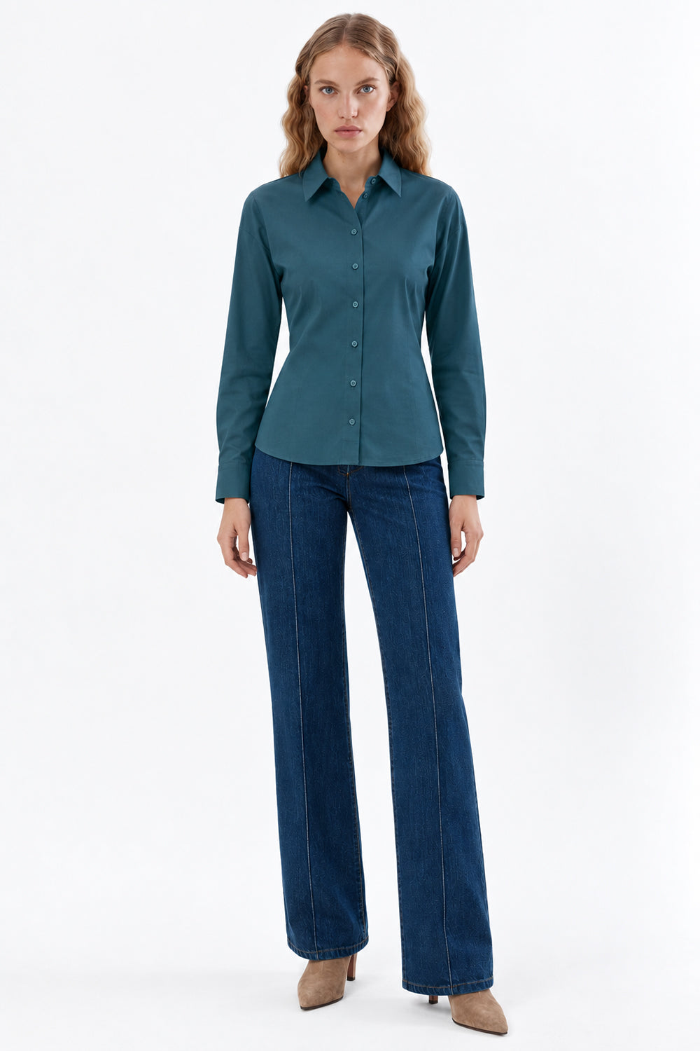 Long Sleeve Shirt with Back Pleats - DARK GREEN