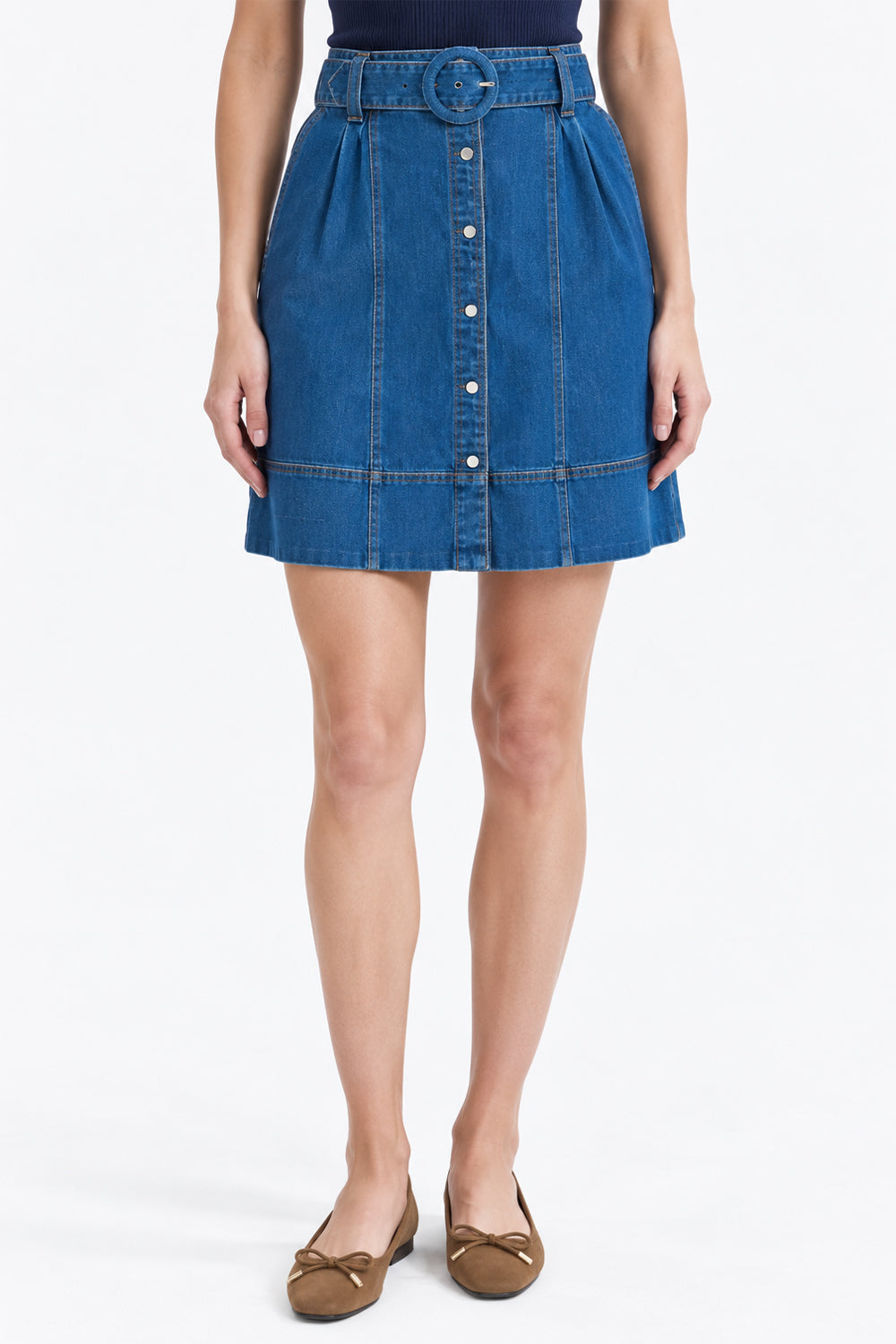 High Waisted Mini Skirt with Belt and Pockets - INDIGO