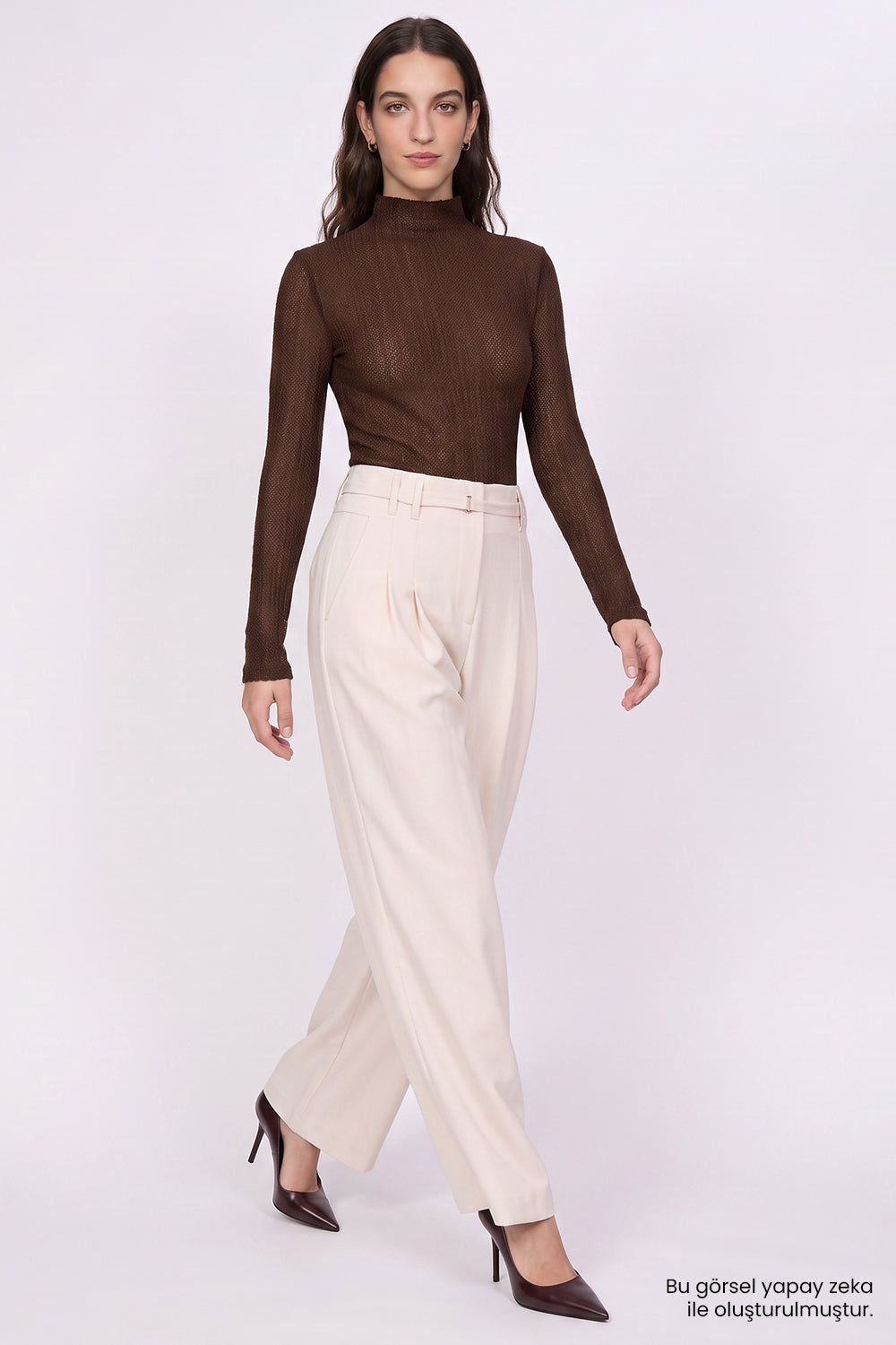 High Waisted Wide Leg Trousers with Belt - CREAM