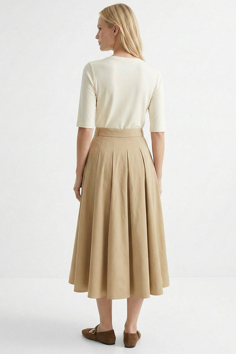 Round Neck Short Sleeve Belted Pleated Midi Dress - ECRU
