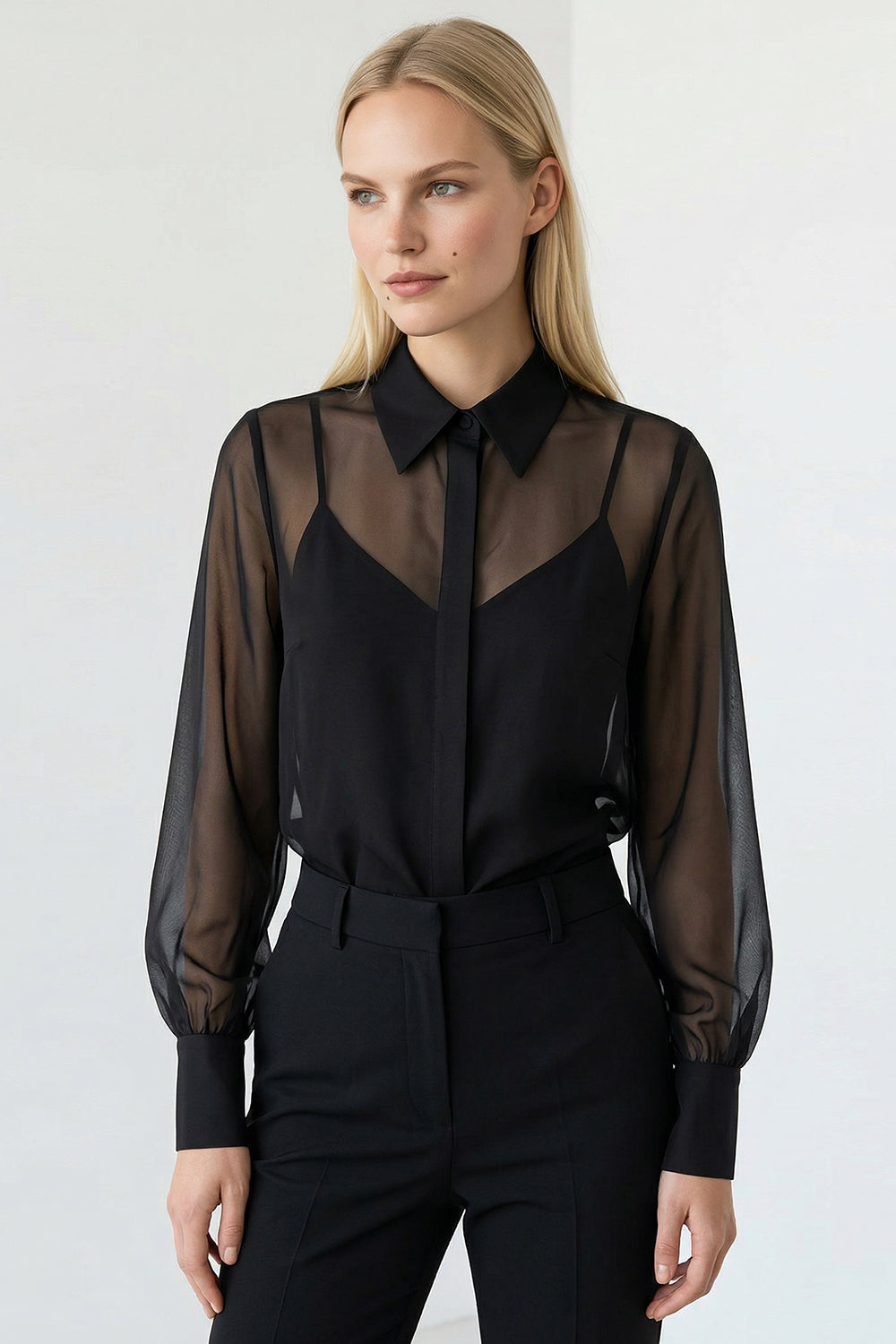 Madelyn Balloon Sleeve Sheer Shirt - BLACK