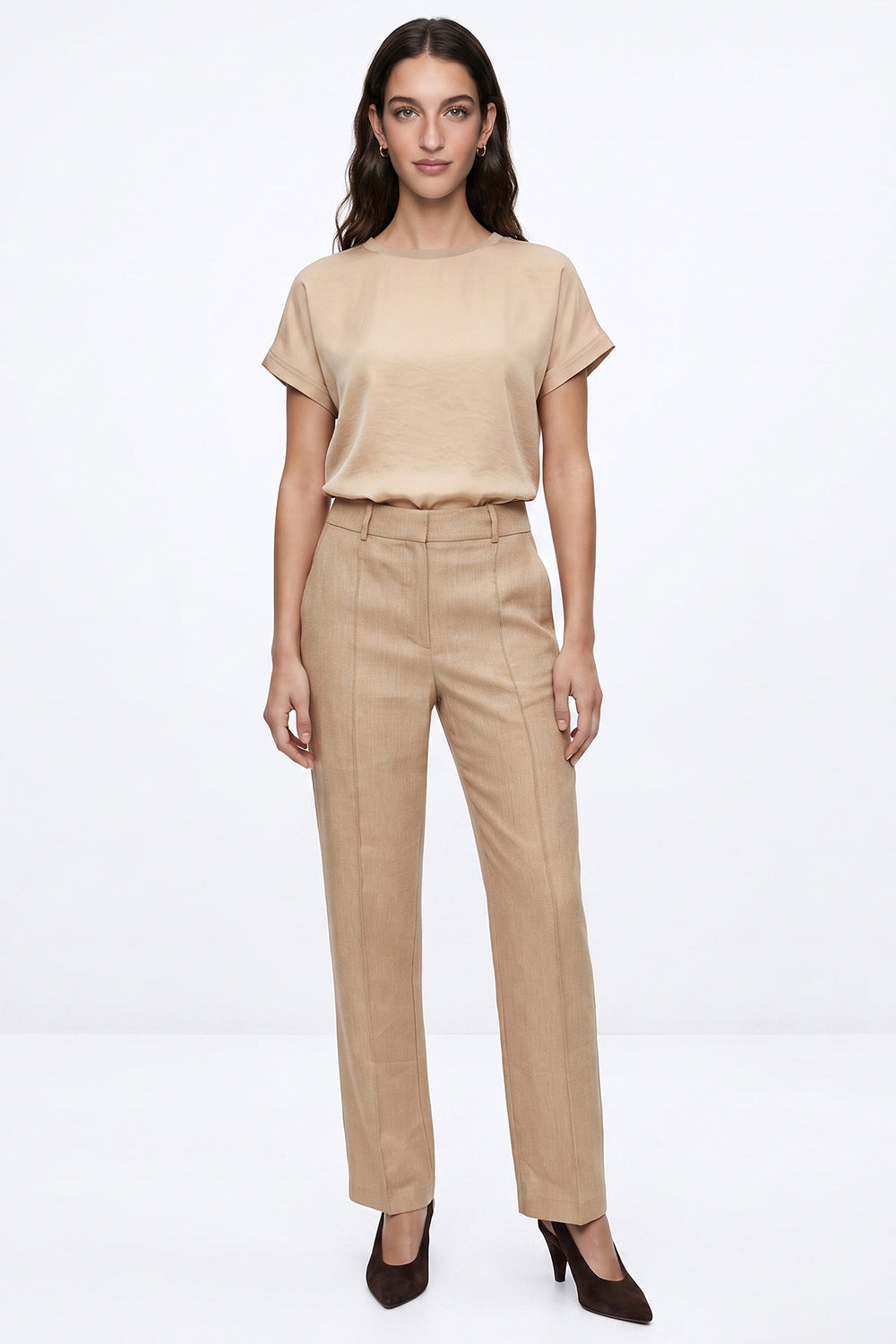 High Waisted Linen Blend Trousers - CAMEL