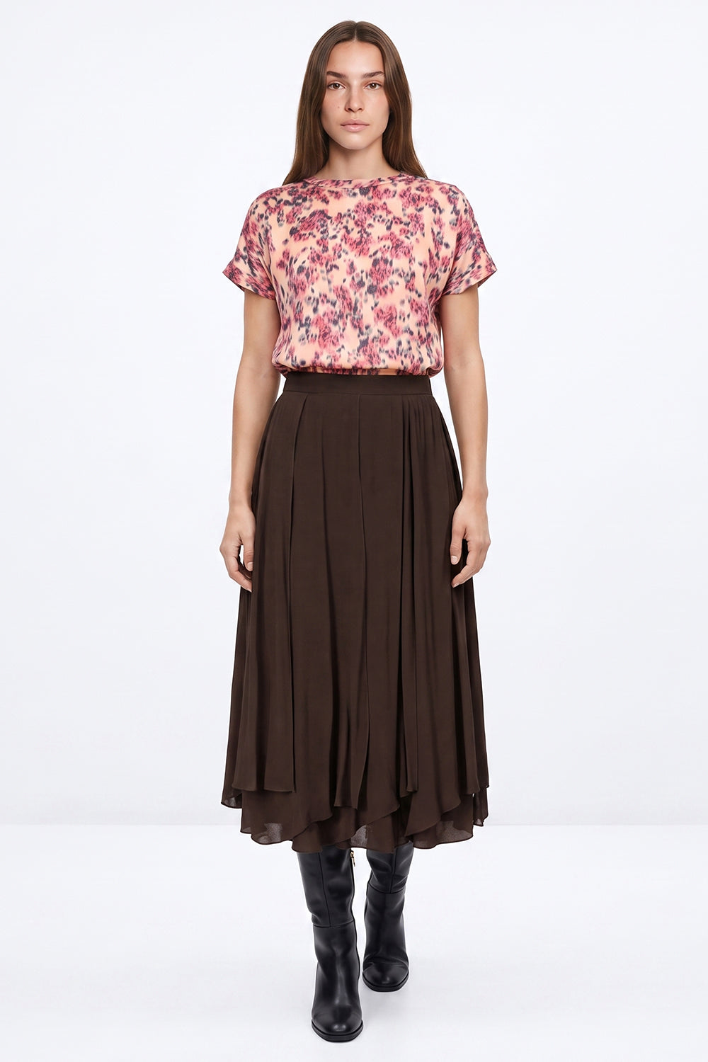 Panelled Flared Skirt with Hidden Zipper - BROWN
