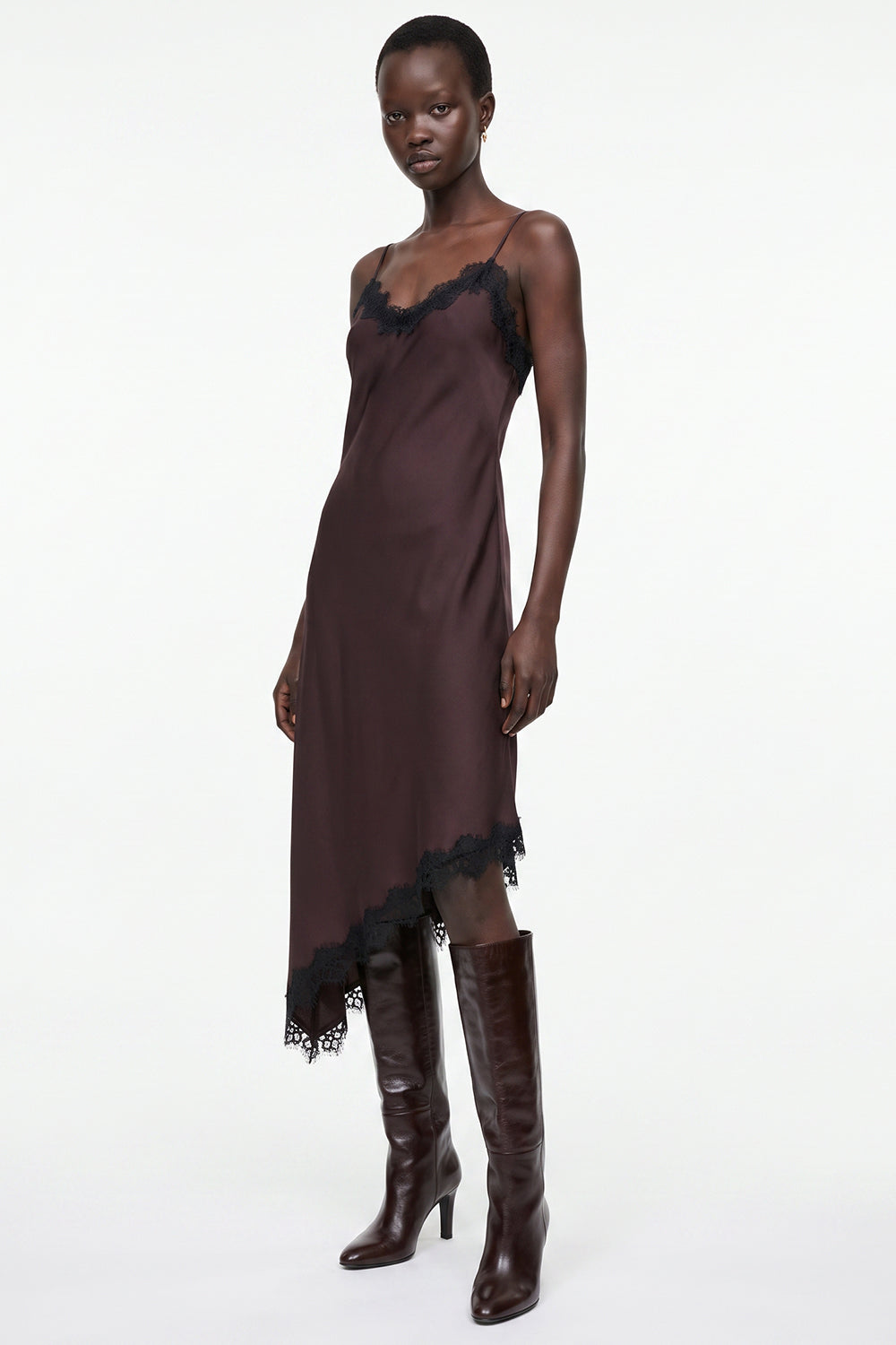 Satin Fitted Dress with Adjustable Straps - BROWN