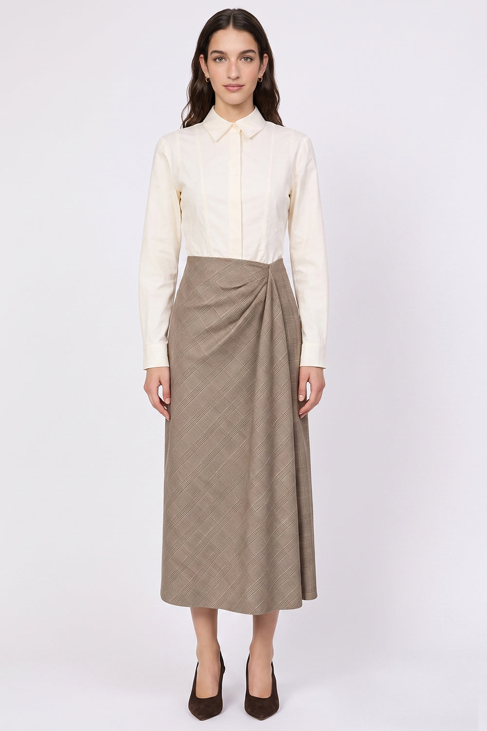 Midi Skirt with Side Slit and Ruched Waist - MULTICOLOR