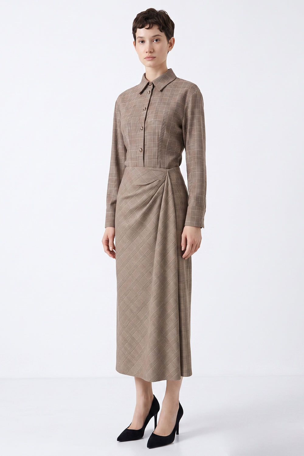 Midi Skirt with Side Slit and Ruched Waist - MULTICOLOR