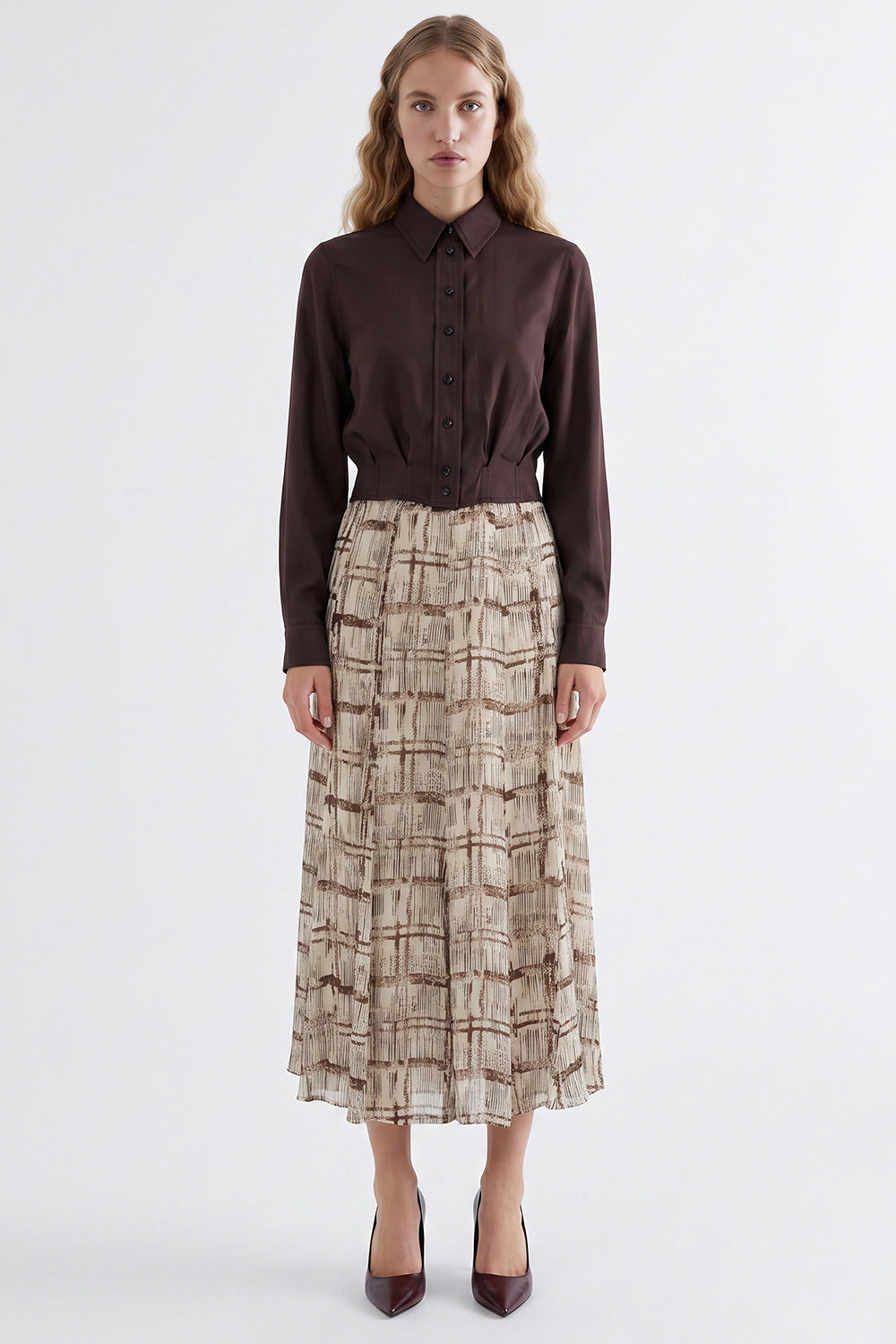 Satin Long Sleeve Shirt with Pleated Waist - BROWN