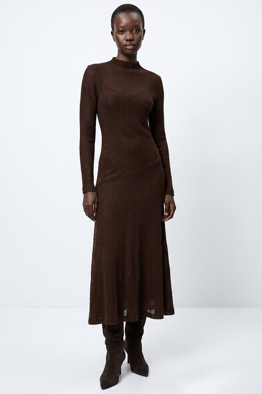 Lined Lace Flared Knit Midi Dress - BROWN
