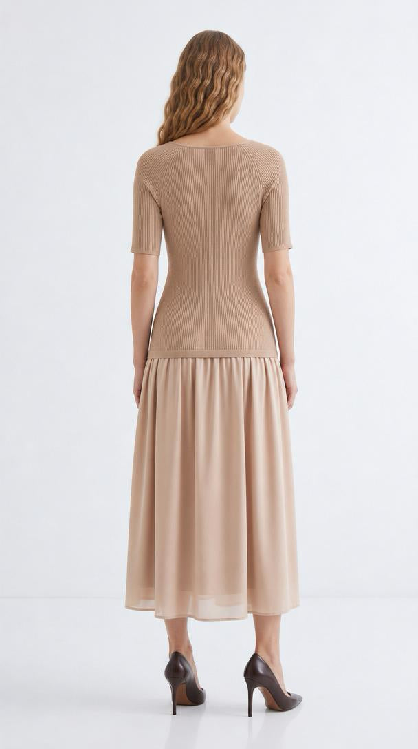 Round Neck Long Sleeve Lined Knit Maxi Dress - BEIGE
