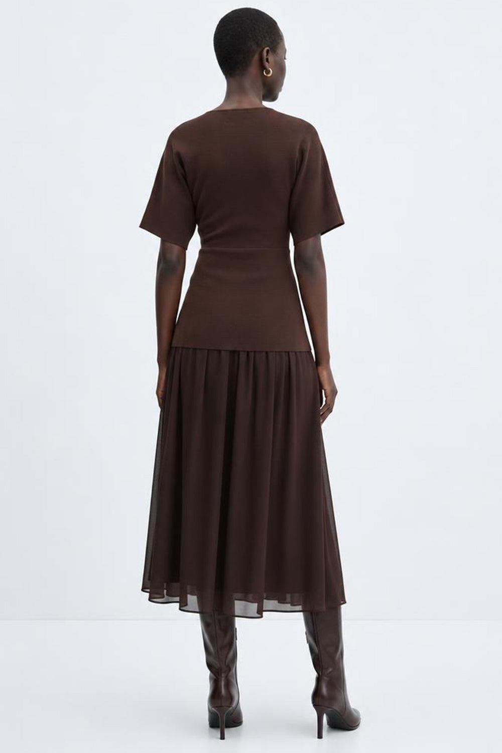 Short Sleeve Midi Dress with Chiffon Lined Skirt - BROWN