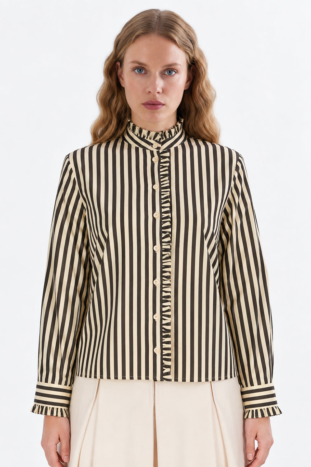 Ruffle Stand Collar Long Sleeve Shirt - BROWN BEIGE