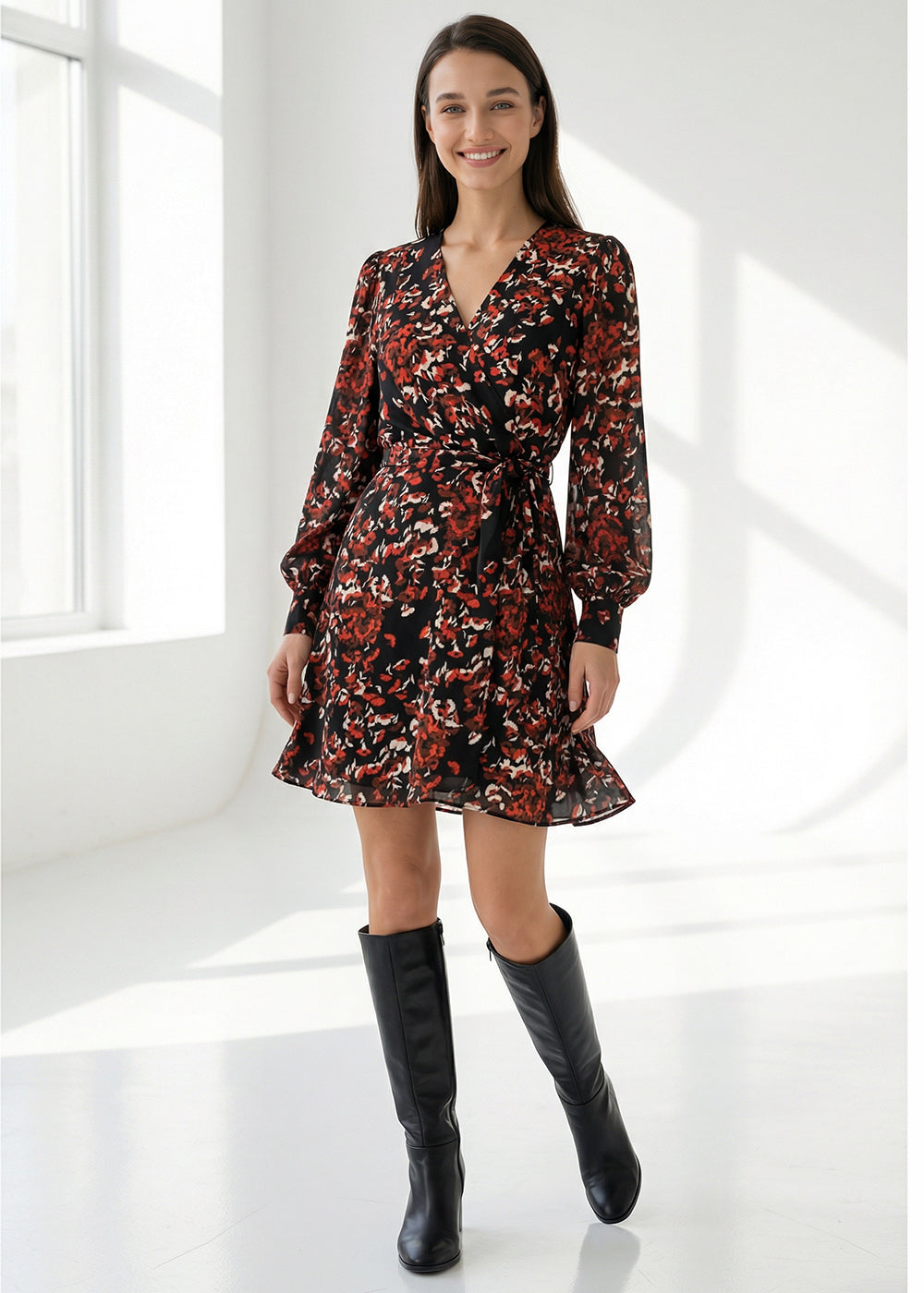 Floral Print Mini Viscose Dress with Belt and Long Sleeves
