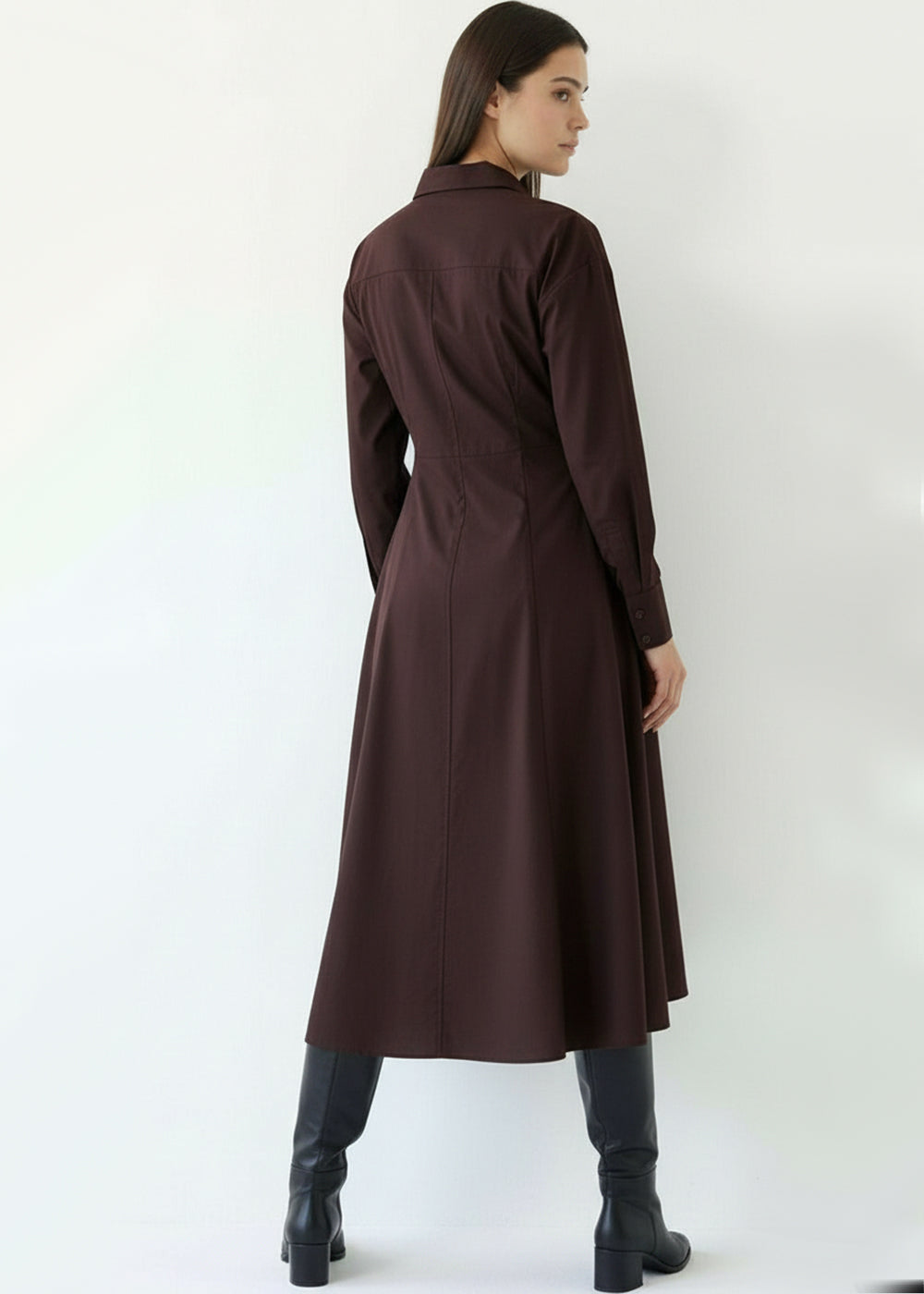 Brown Slim Fit Midi Dress with Shirt Collar and Long Sleeves