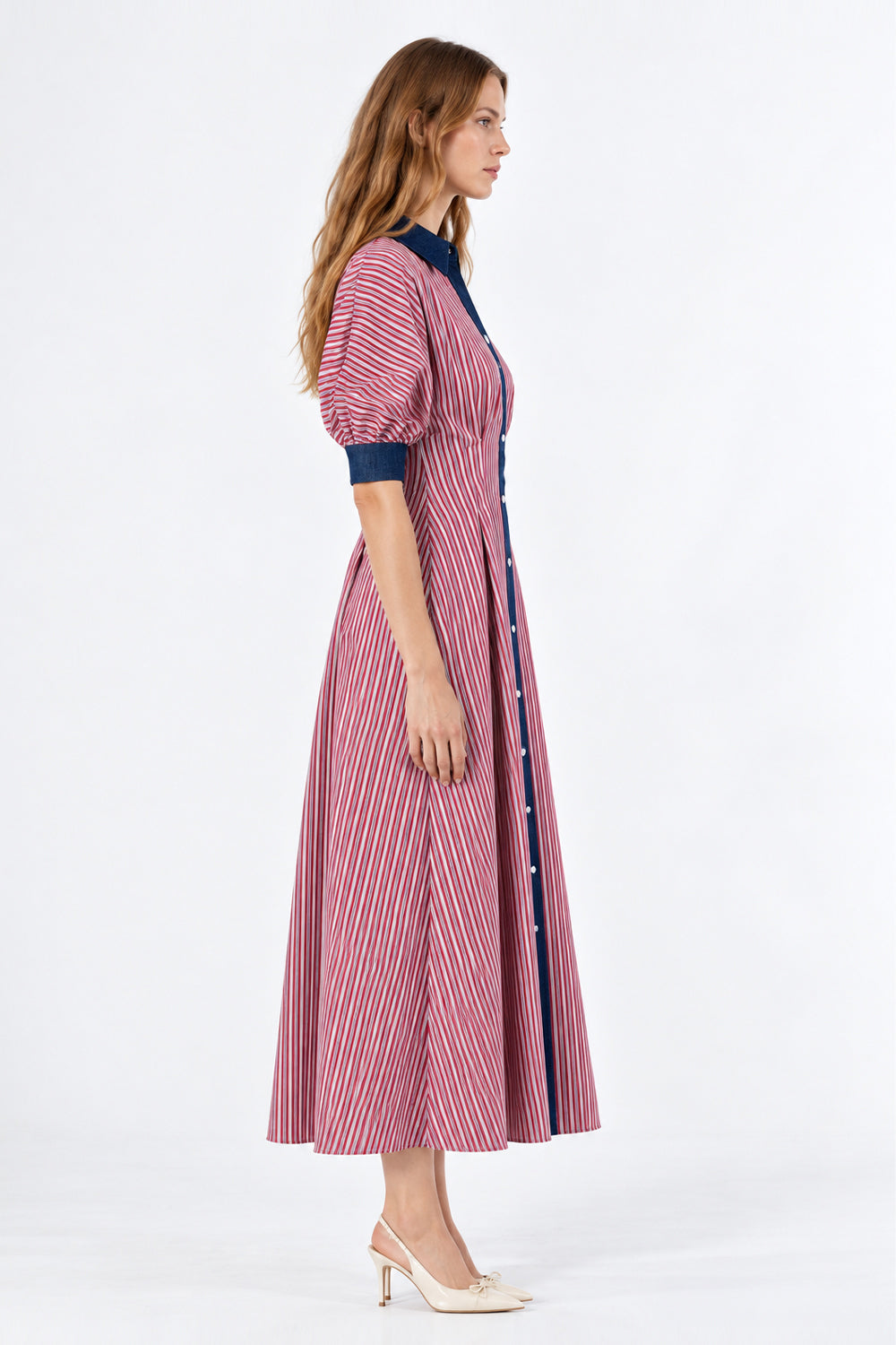 Denim Trim Raglan Sleeve Pleated Midi Dress - MULTICOLOR
