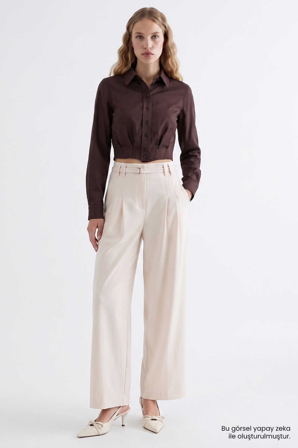 High Waisted Wide Leg Trousers with Belt - CREAM